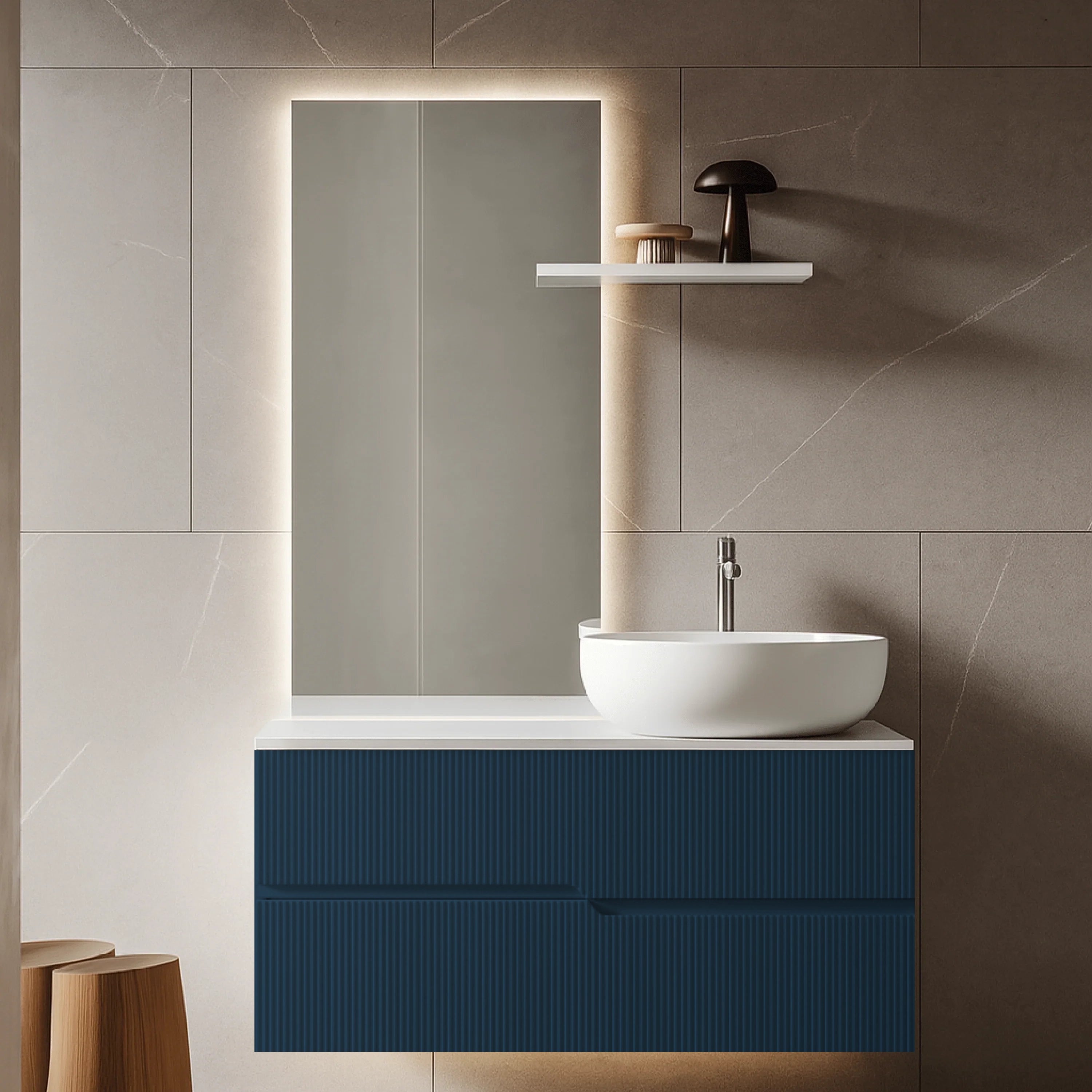 Mobile Bagno Sospeso Cannettato 80 Cm Due Cassetti Specchio Led Con Touch 60x90 Cm ItalBagno "Victor"