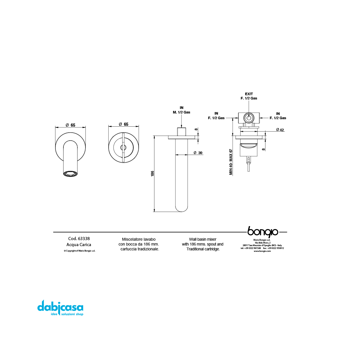 Bongio "Acquacarica" Miscelatore Lavabo a Parete S/Piastra da 186 mm Cromo Lucido - Dabicasa