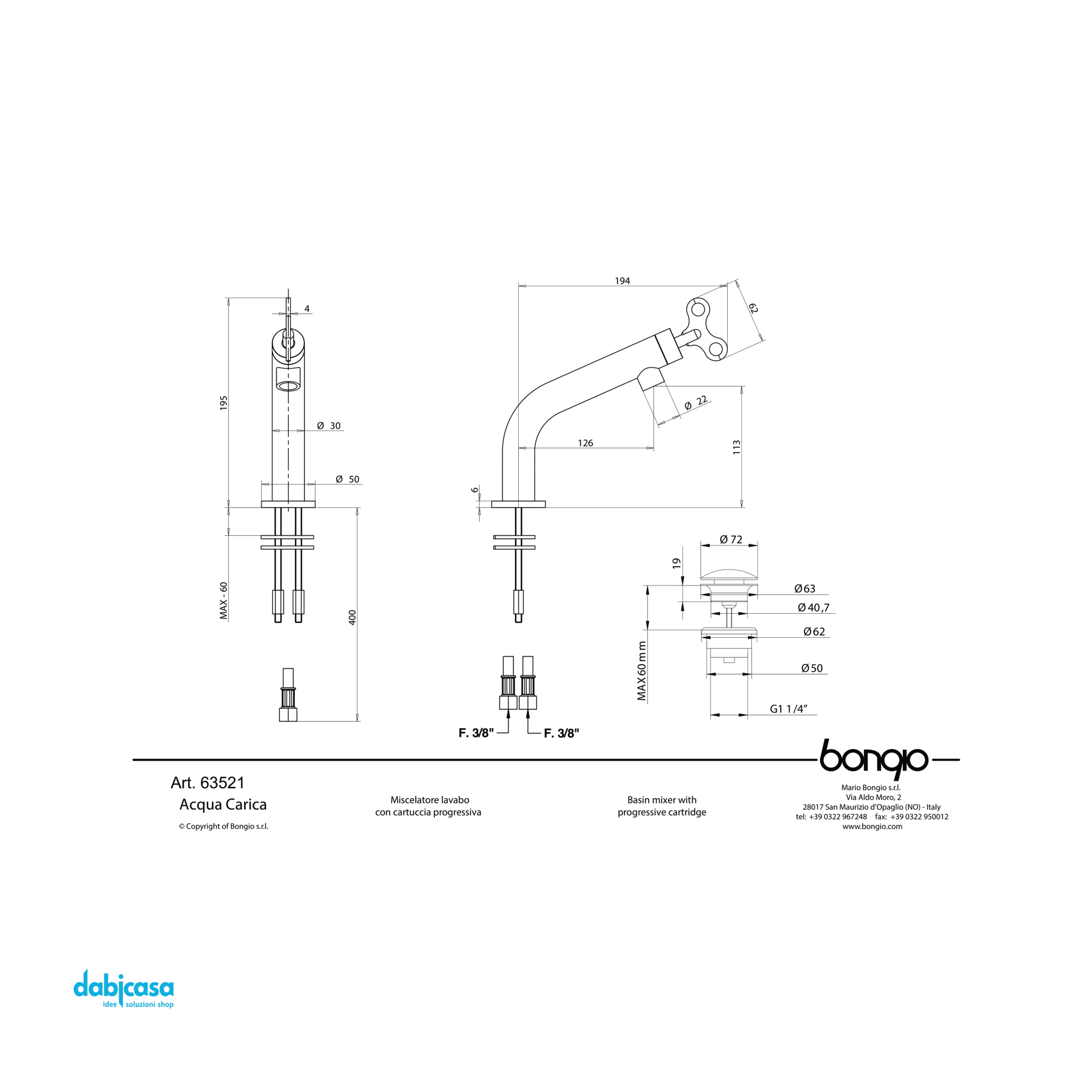 Bongio "Acquacarica" Miscelatore Lavabo Con Scarico Click - Clack - Dabicasa