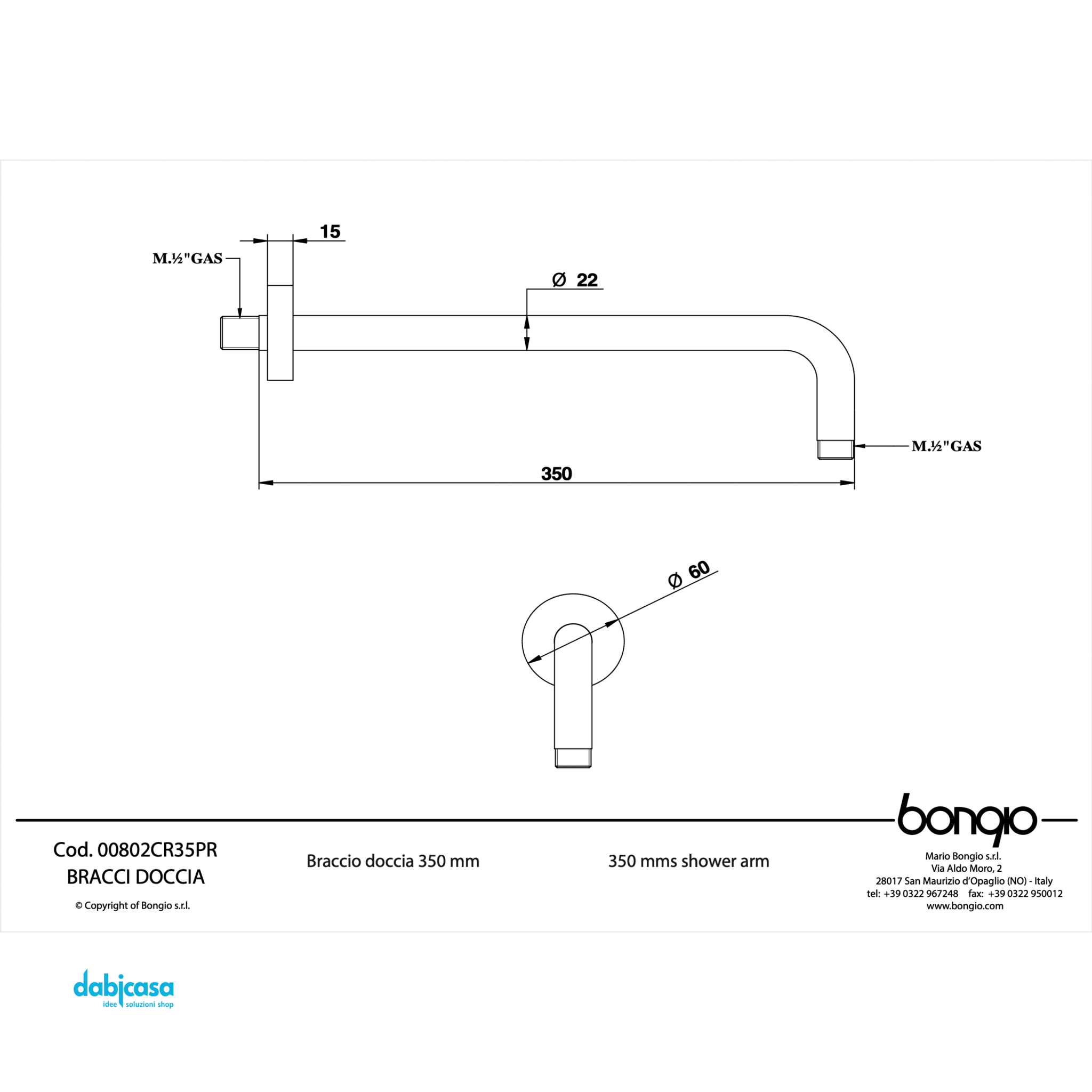 Bongio Braccio Doccia "Wellness" Da 35 Cm Finitura Cromo Lucido - Dabicasa