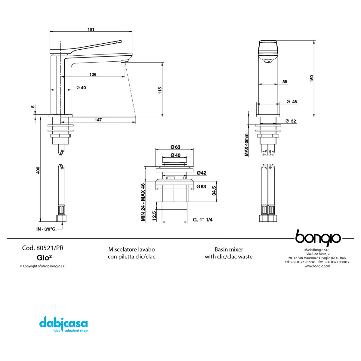 Bongio "Gio 2" Miscelatore Lavabo Con Scarico Click - Clack - Dabicasa