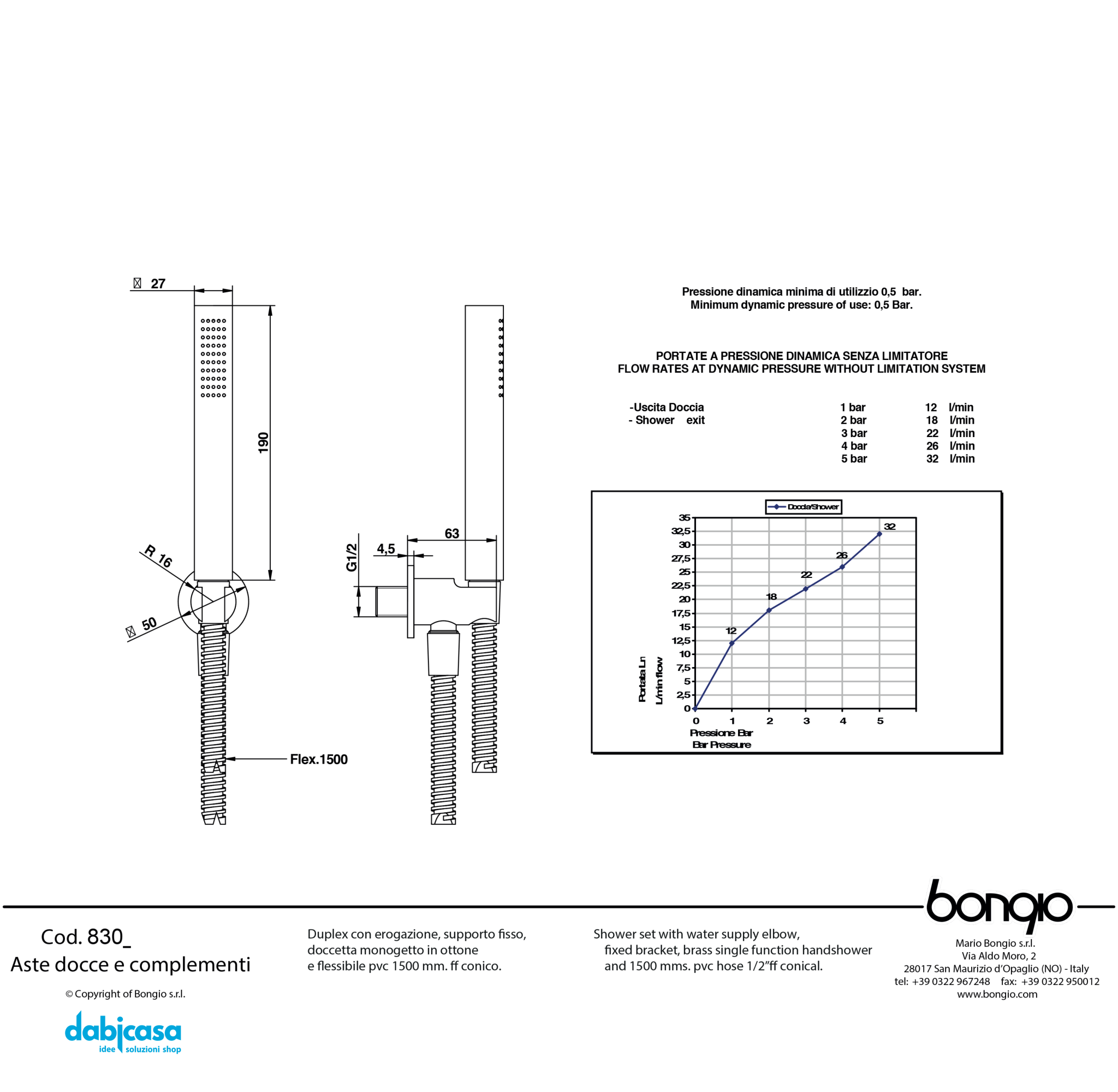 Bongio Kit Doccia "Wellness" Quadrato C/Supporto Presa Ad Acqua Cromo Lucido - Dabicasa