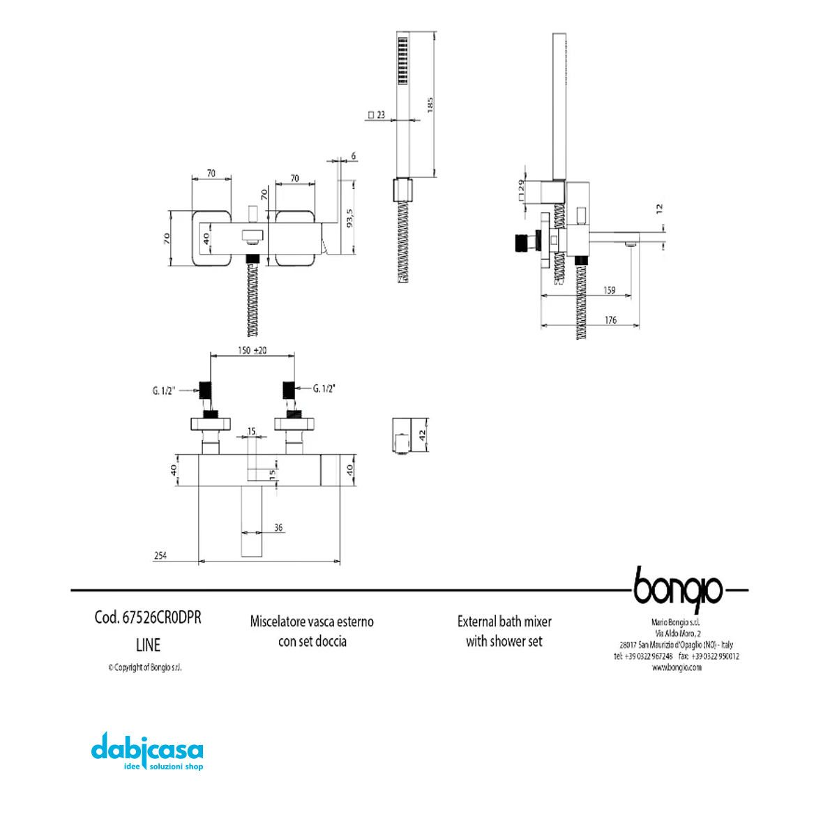 Bongio "Line" Gruppo Vasca Parete C/Kit Doccetta Cromo Lucido - Dabicasa