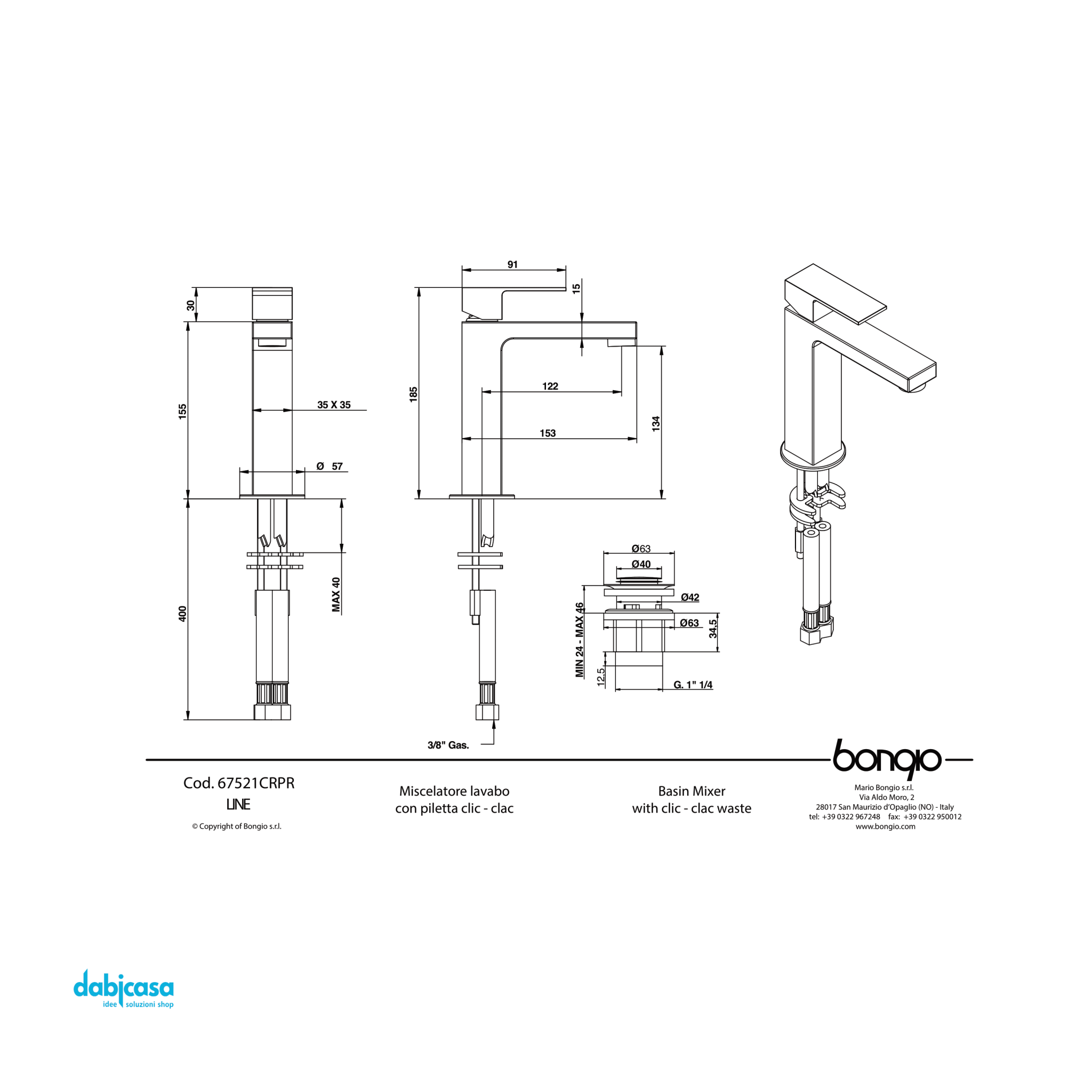 Bongio "Line" Miscelatore Lavabo Con Scarico Click - Clack - Dabicasa