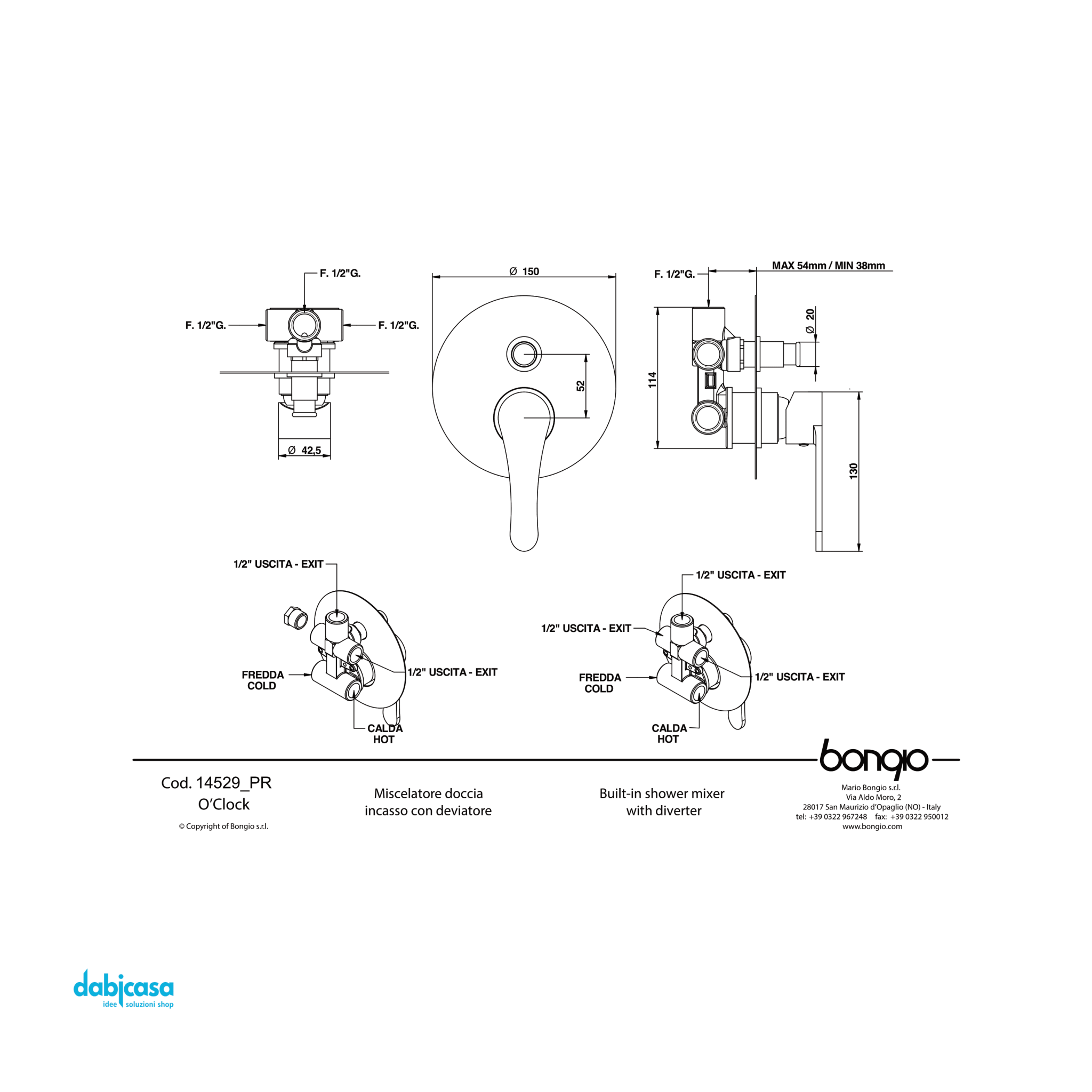 Bongio "O'Clock" Miscelatore Doccia C/Deviatore a Due Uscite Automatico Cromo Lucido - Dabicasa