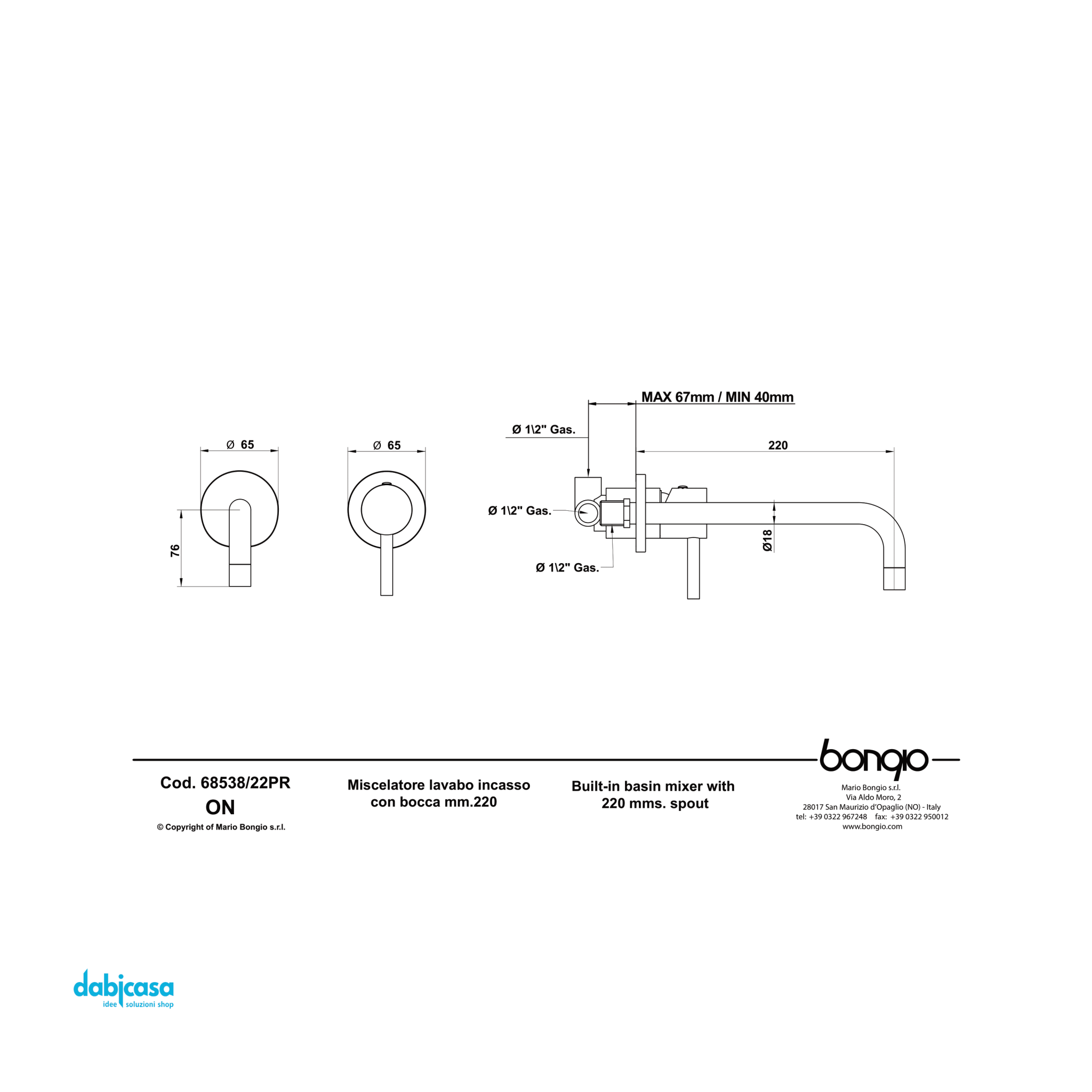 Bongio "On" Miscelatore Lavabo A Parete Da 22 Cm Completo Di Parte Da Incasso Cromo Lucido - Dabicasa