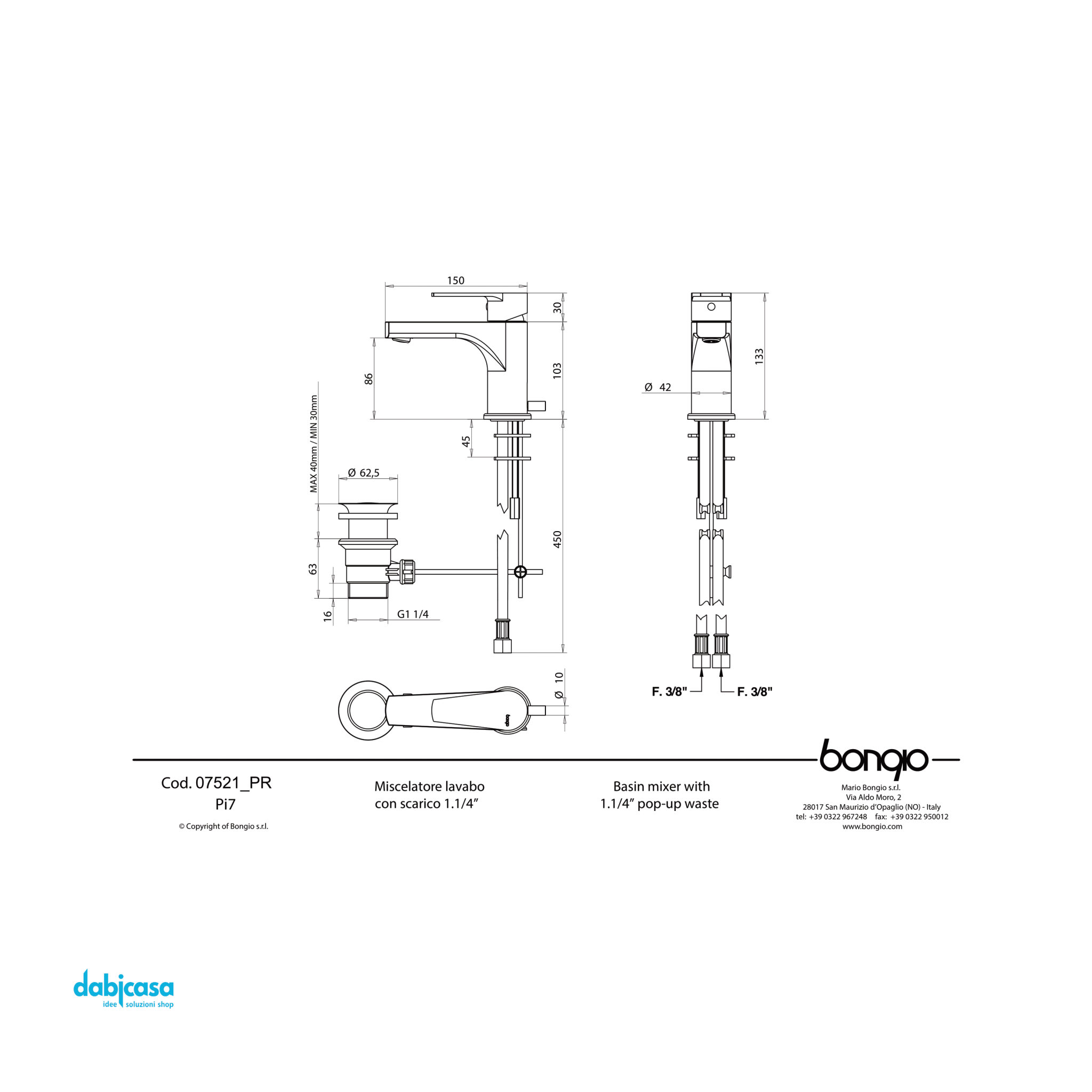 Bongio "Pi7" Miscelatore Lavabo Con Scarico Automaticoo - Dabicasa