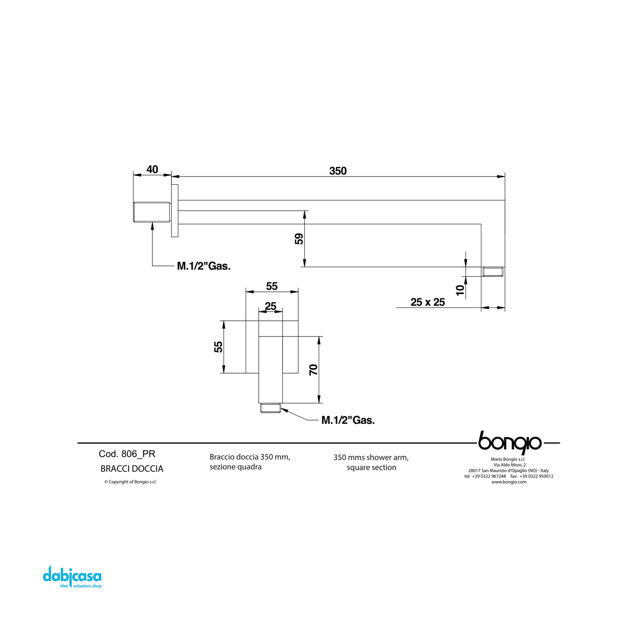 Bongio "Wellness" Braccio Doccia Quadro L 35 Cm Finitura Cromo Lucido - Dabicasa