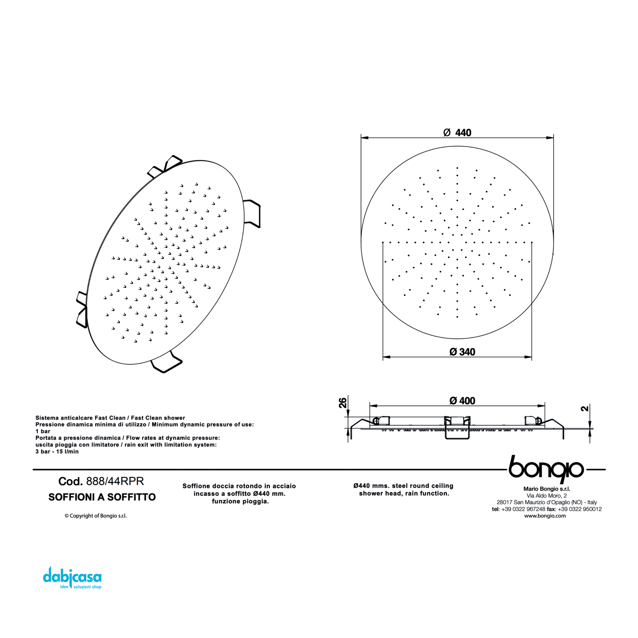 Bongio "Wellness" Soffione Tondo In Acciaio Incasso a Soffitto Da Diam. 44 Cm Nero Opaco - Dabicasa