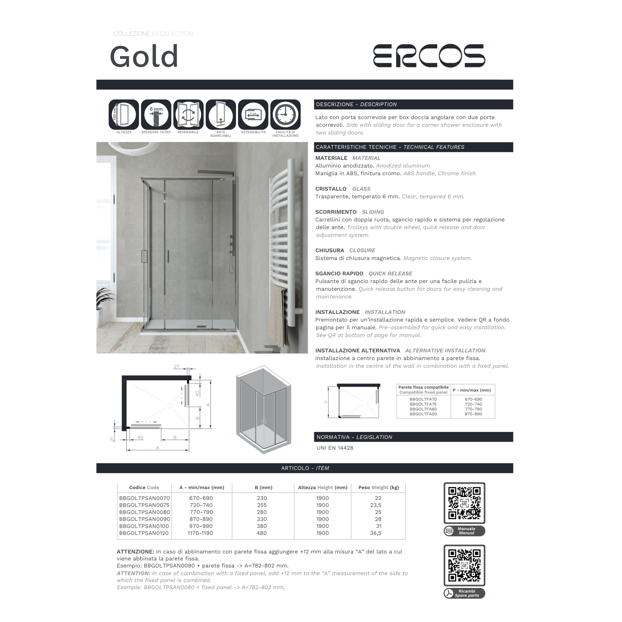 Box Doccia "Gold" 80 X 120 Con Apertura Angolare Scorrevole Cristallo Trasparente 6mm - Dabicasa