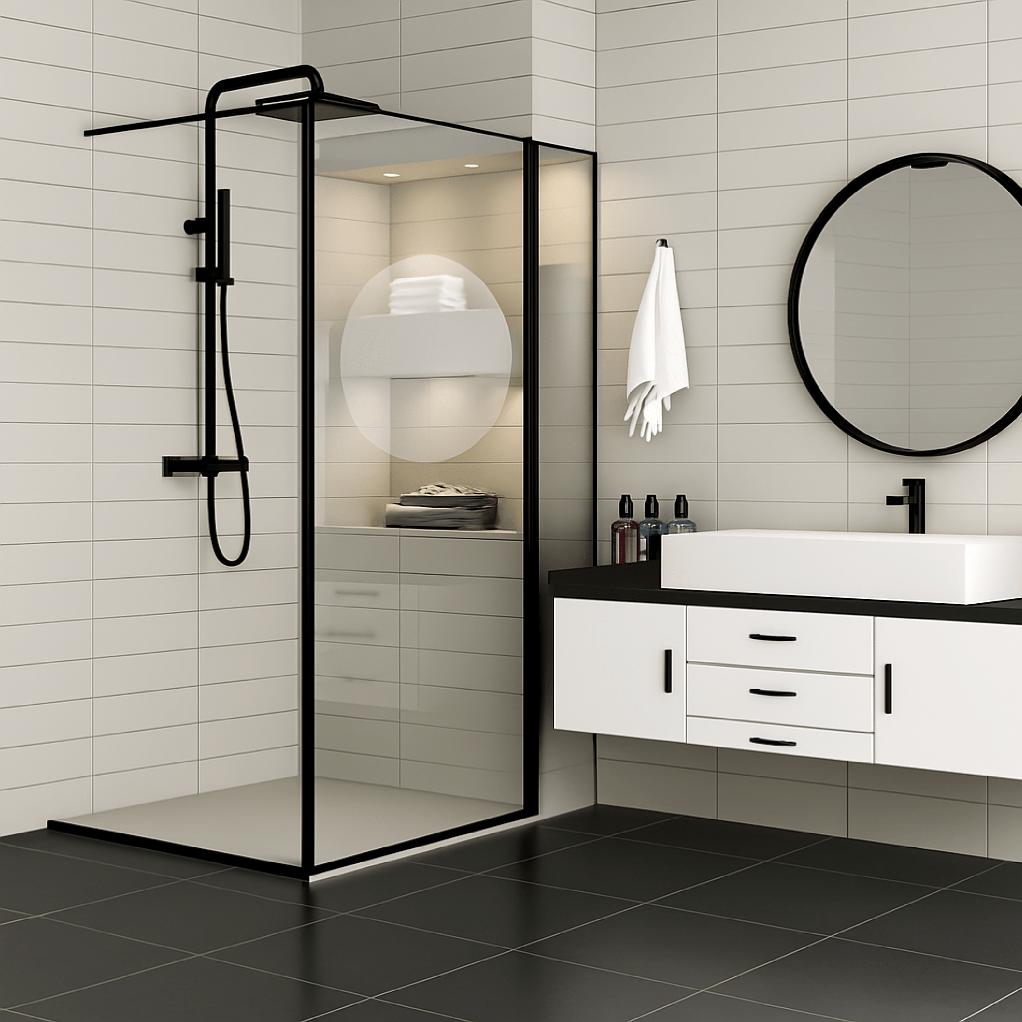 Box Doccia Walk - In 137,5/140 Cm Con Braccio Telescopico Giava "Style" Nero/Vetro Trasparente - Dabicasa