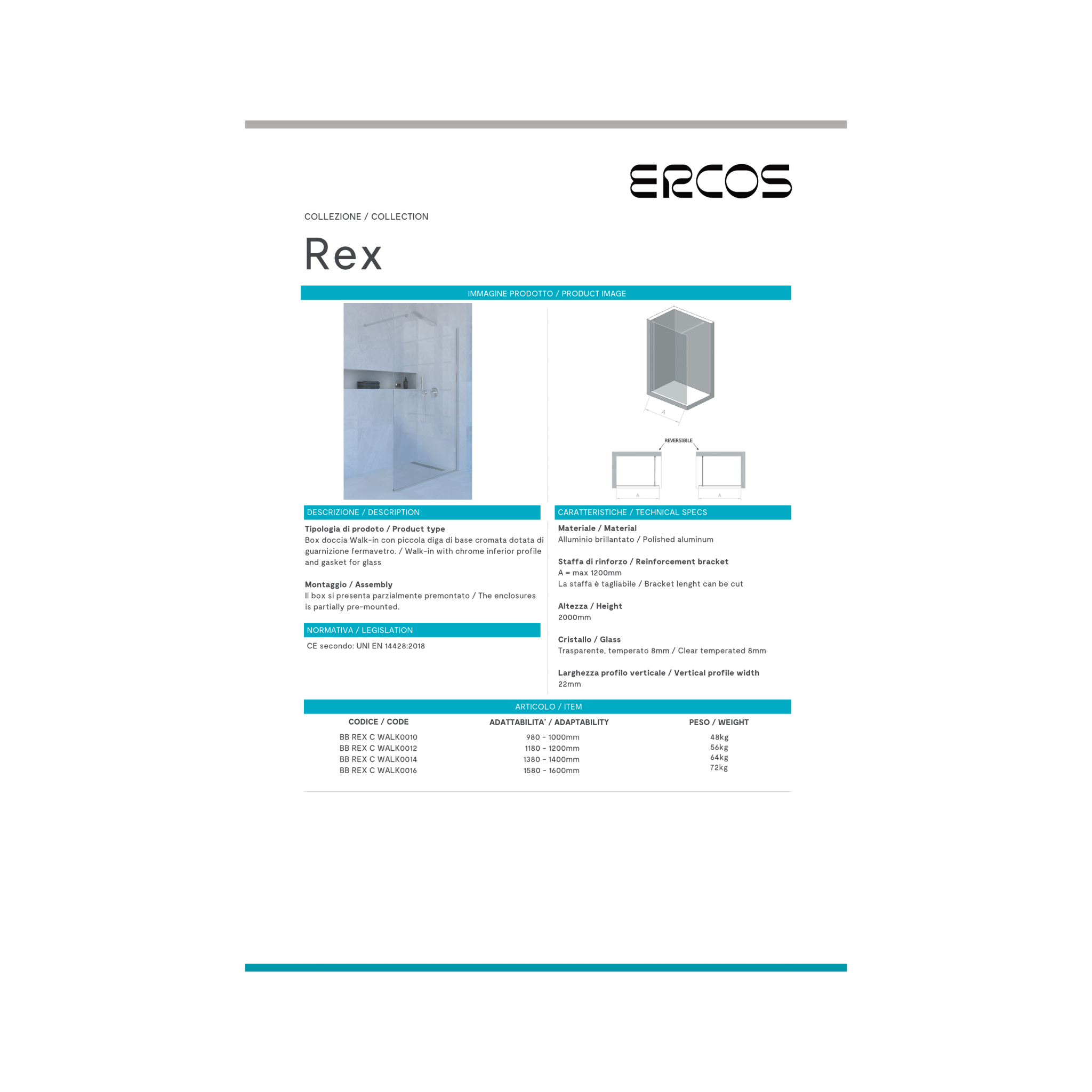 Box Doccia Walk - In 140 Cm Con Braccio Telescopico Ercos "Rex" Cromo Lucido/Vetro Trasparente - Dabicasa