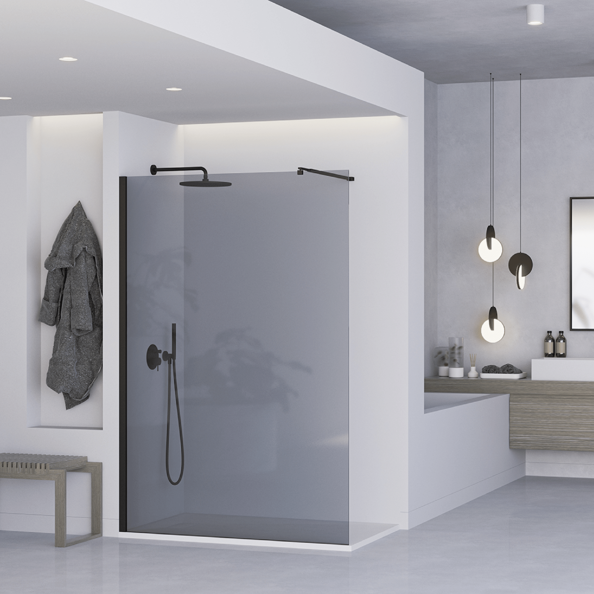 Box Doccia Walk - In 140 Cm Con Braccio Telescopico Feridras Nero Opaco/Vetro Grigio - Dabicasa