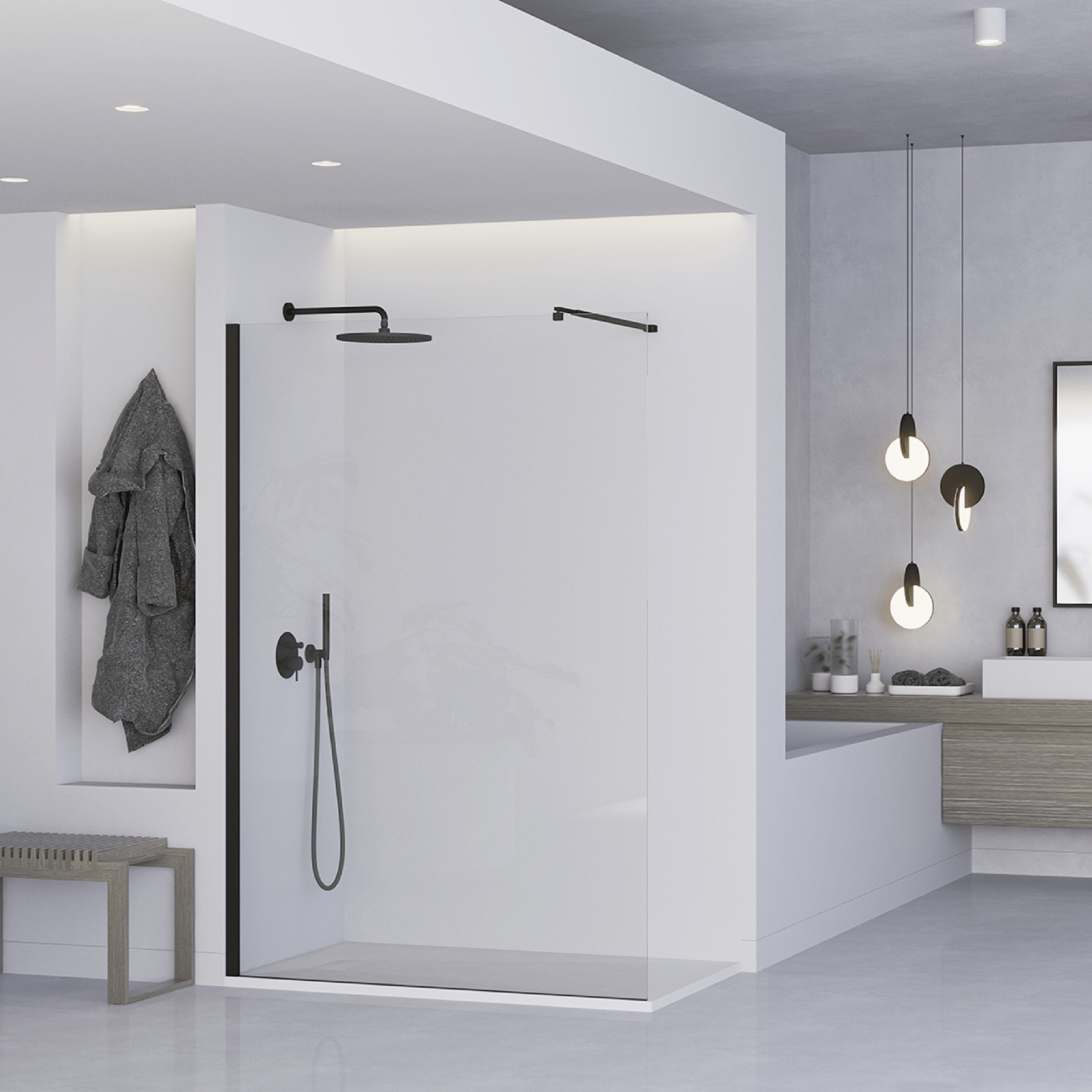 Box Doccia Walk - In 140 Cm Con Braccio Telescopico Feridras Nero Opaco/Vetro Trasparente - Dabicasa