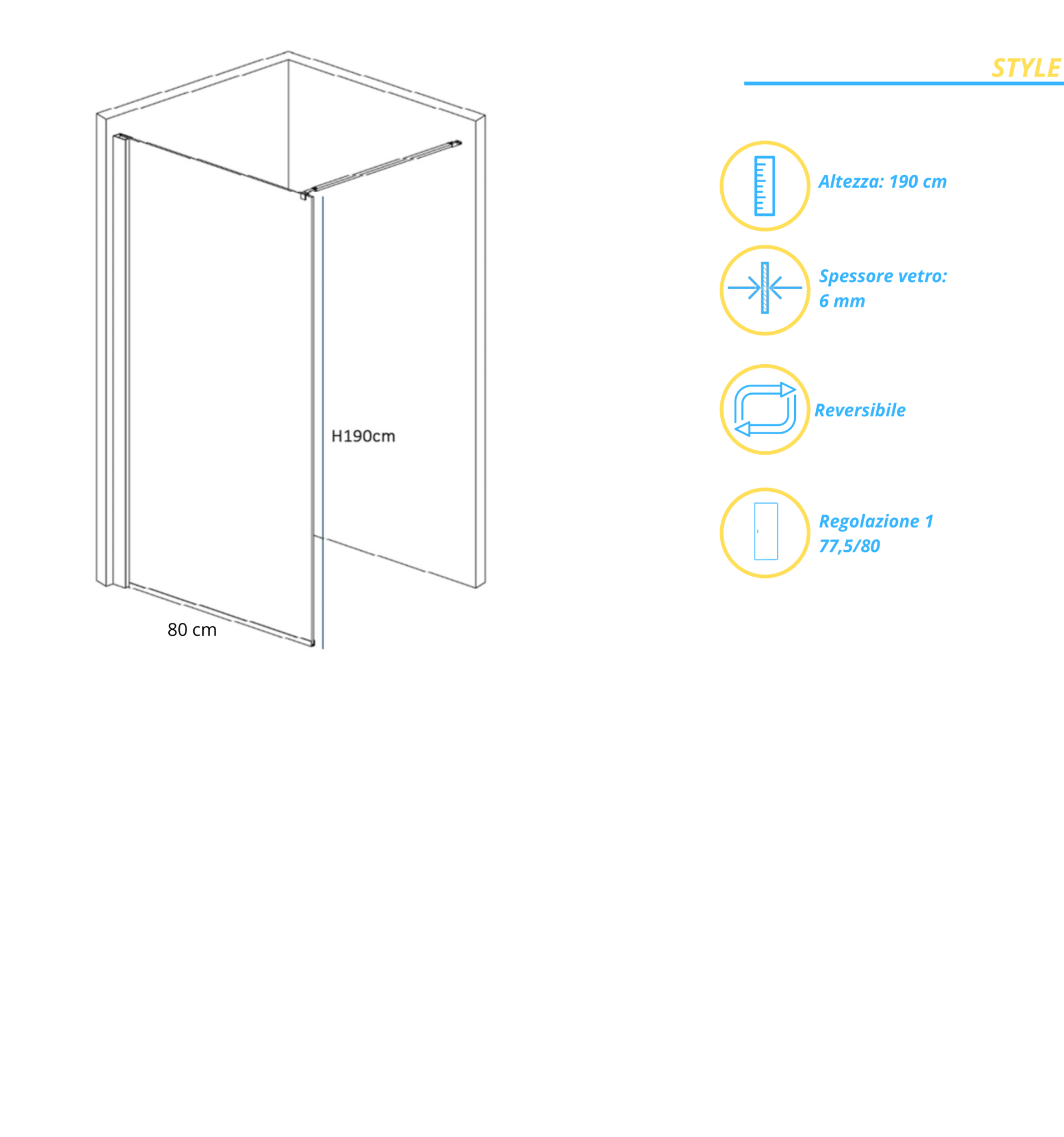 Box Doccia Walk - In 77,5/80 Cm Con Braccio Telescopico Giava "Style" Cromo Lucido/Vetro Trasparente - Dabicasa