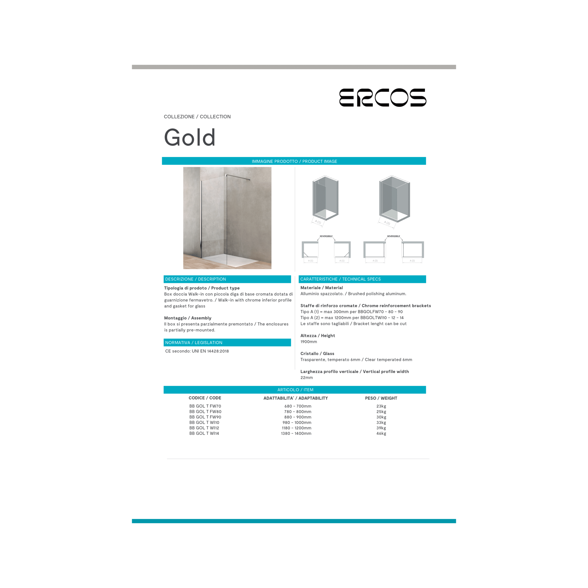 Box Doccia Walk - In 80 Cm Con Braccio Telescopico Ercos "Gold" Cromo Lucido/Vetro Trasparente - Dabicasa