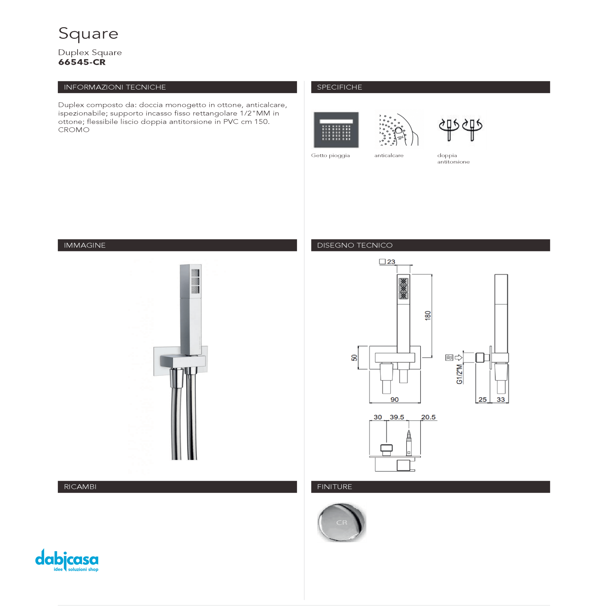 Carimali Kit Doccia " Squared" C/Supporto A Presa Ad Acqua In Ottone Cromo Lucido - Dabicasa