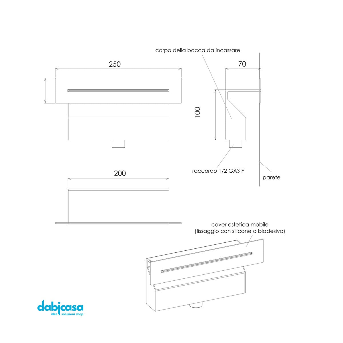 Cascata a Parete "Line Square" ad Incasso in Acciaio Inox Cromo Lucido 25x50 cm - Dabicasa