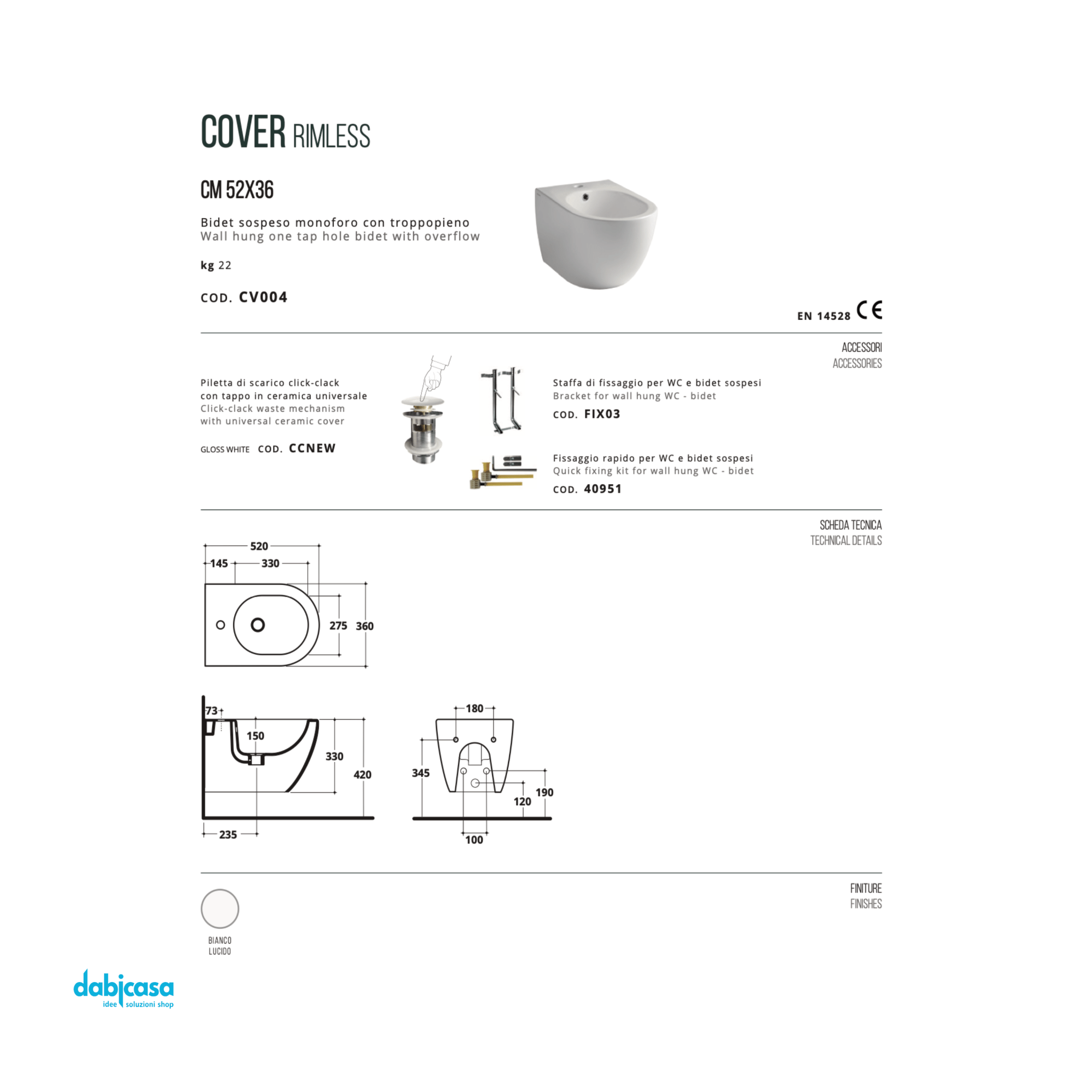 Ceramica Althea "Cover" Bidet Sospeso Bianco Lucido - Dabicasa