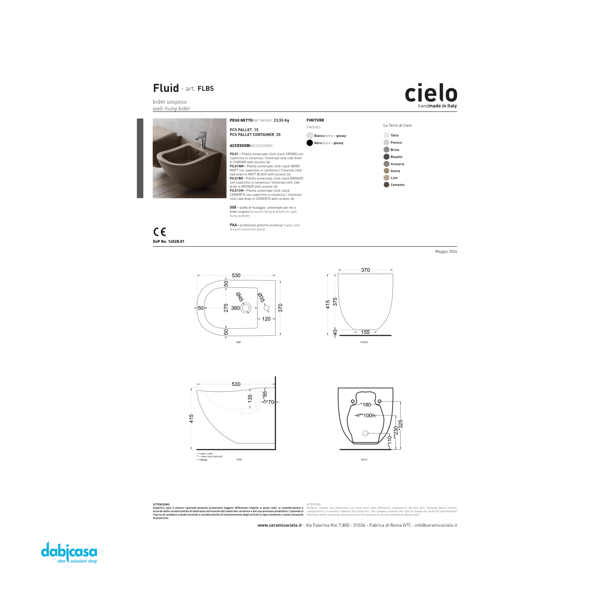 Ceramica Cielo "Fluid" Bidet Sospeso Bianco Lucido - Dabicasa