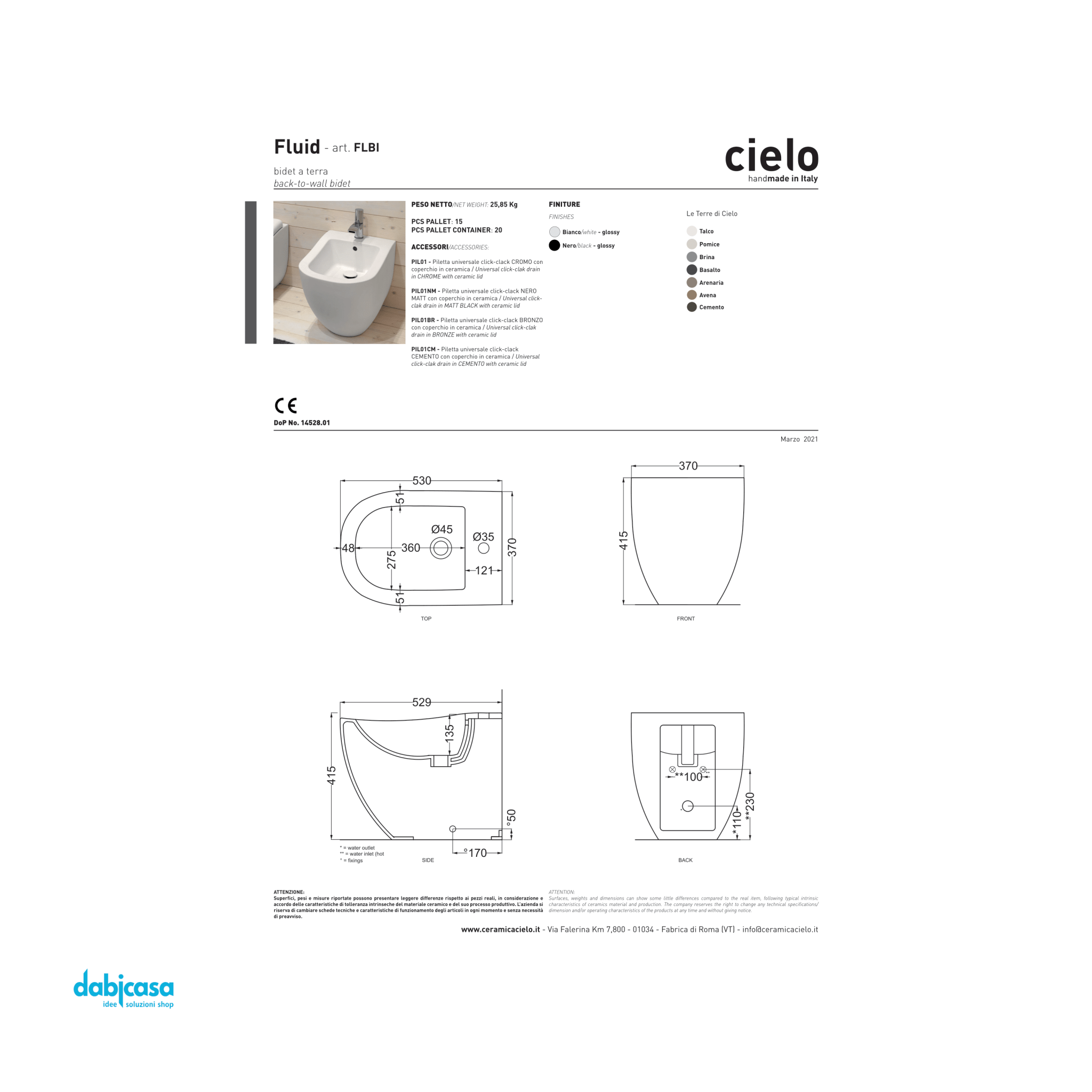 Ceramica Cielo "Fluid" Bidet Terra Filomuro Bianco Lucido - Dabicasa