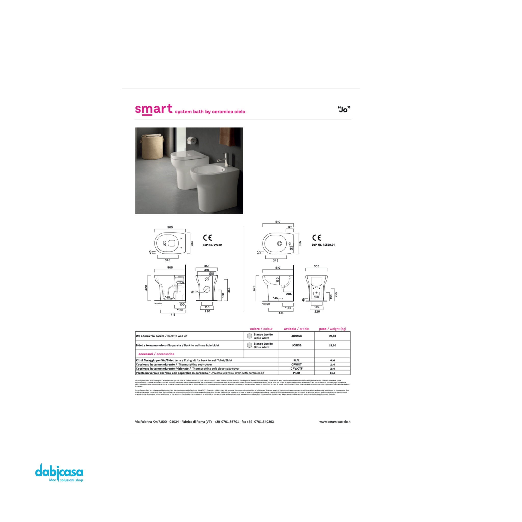 Ceramica Cielo "Jo" Bidet Terra Filomuro Bianco Lucido Monoforo - Dabicasa