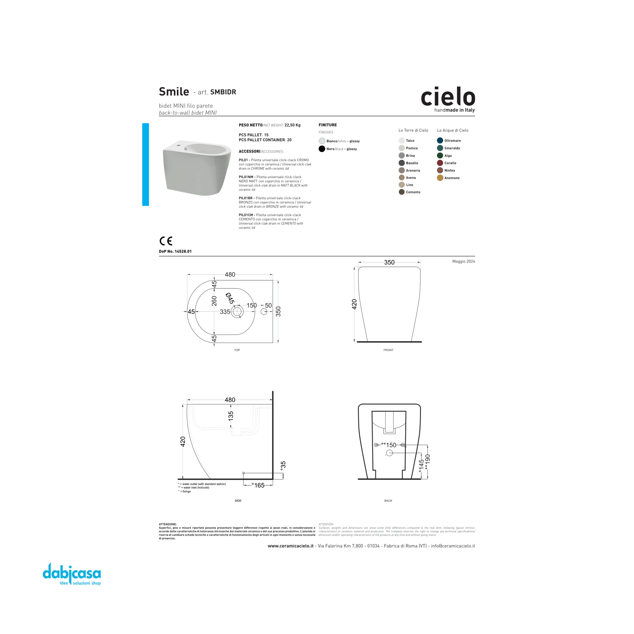 Ceramica Cielo "Mini - Smile 48" Bidet Da Terra Filo Muro Bianco Lucido - Dabicasa