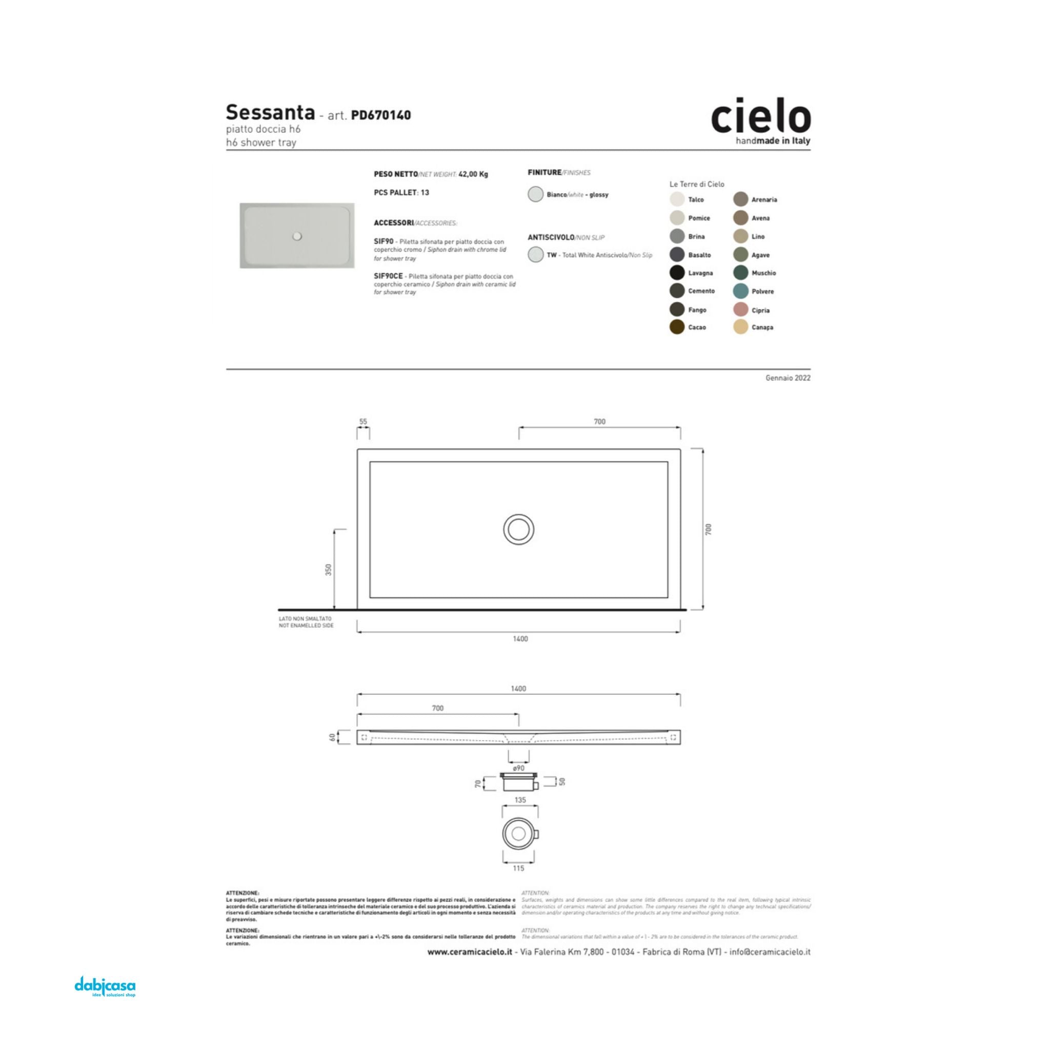 Ceramica Cielo "Sessanta" Piatto Doccia 70x140 Bianco Lucido - Dabicasa