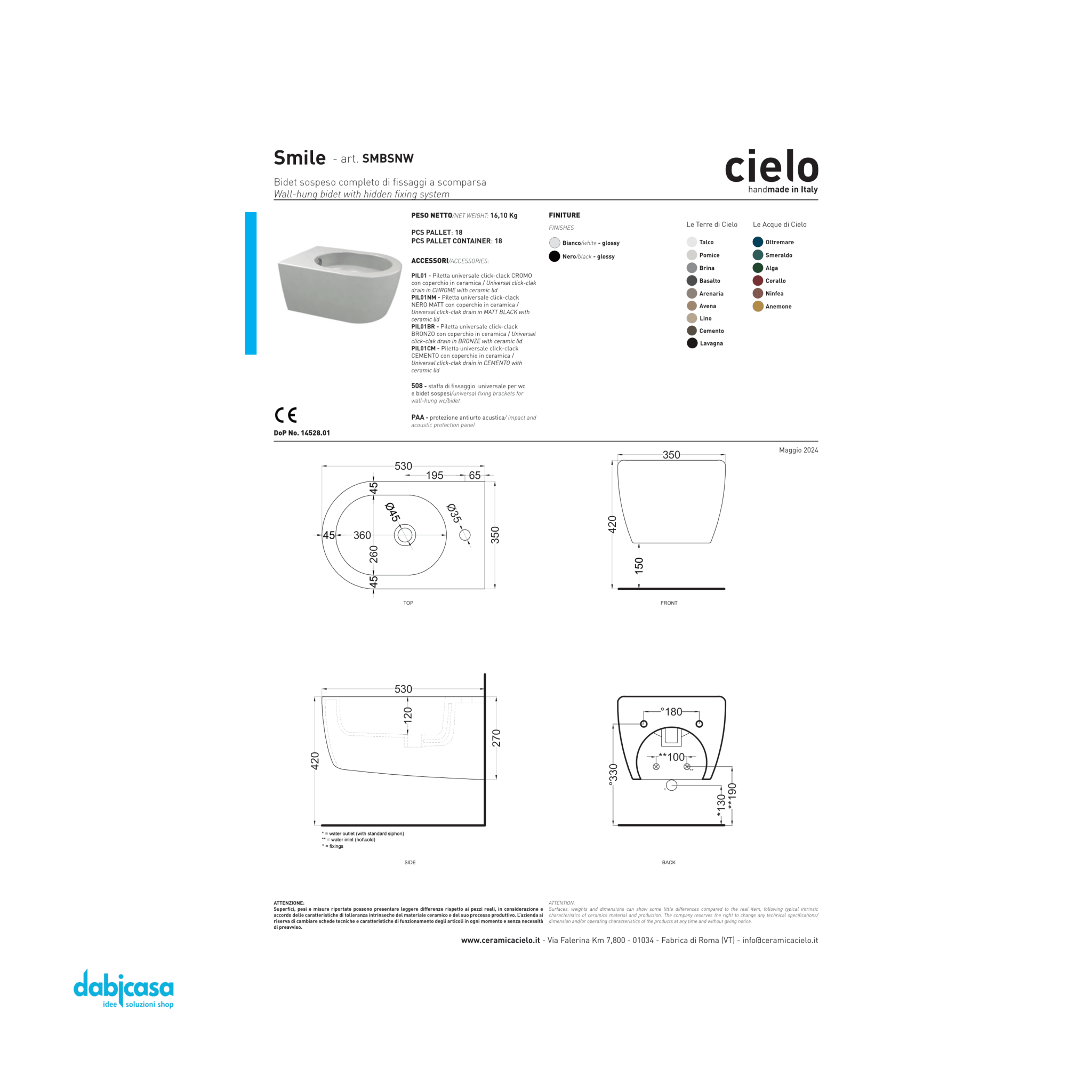 Ceramica Cielo "Smile" Bidet Sospeso Bianco Lucido - Dabicasa