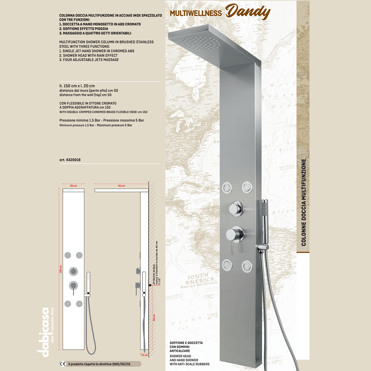 Colonna Doccia "Dandy" Multifunzione In Acciaio Inox Spazzolato - Dabicasa