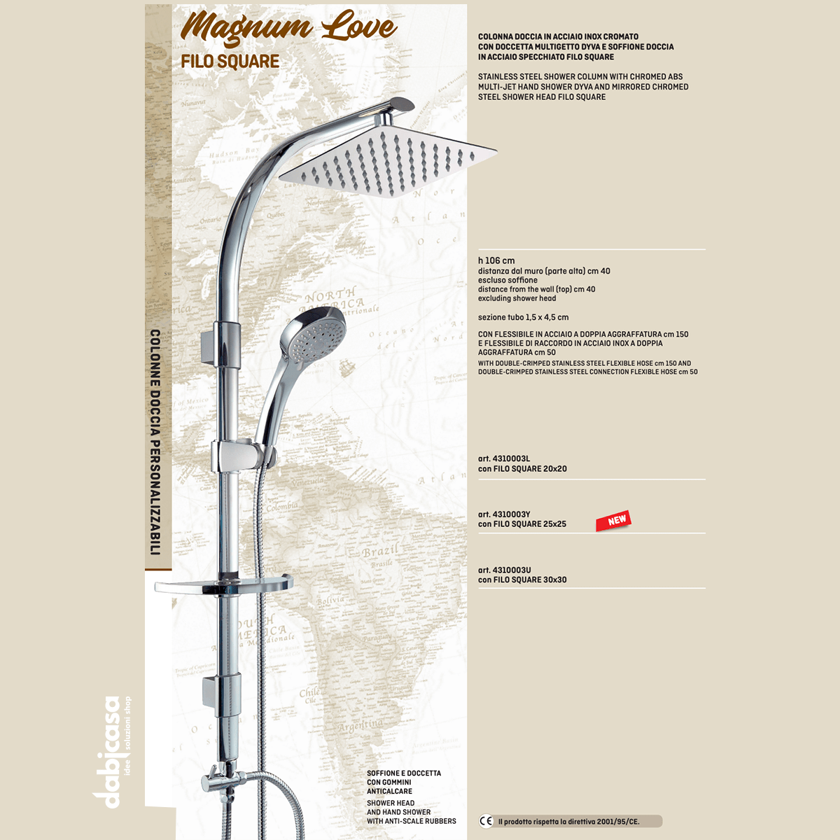 Colonna Doccia "Filo Square" In Acciaio Inox Con Doccetta e Soffione 20x20cm - Dabicasa