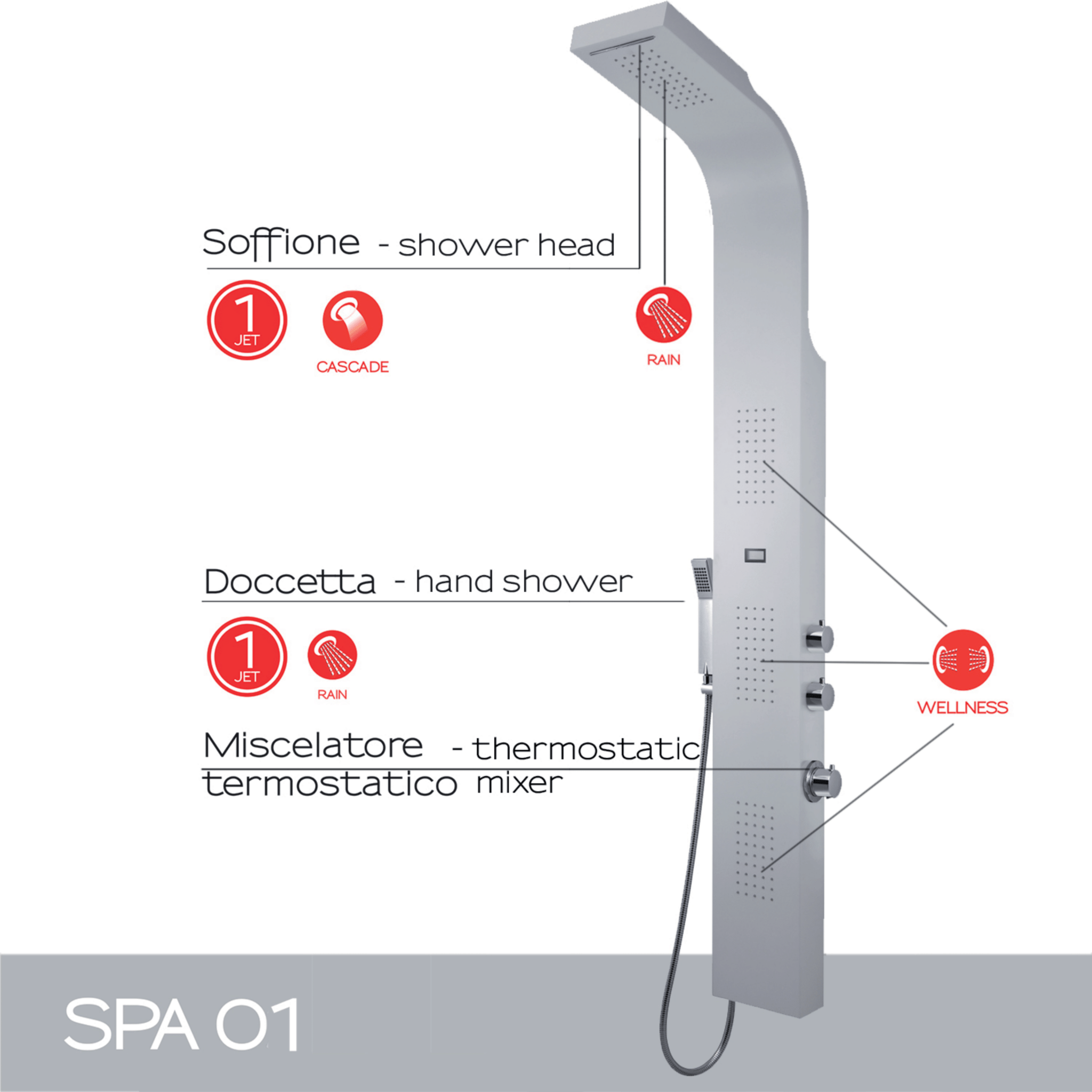 Colonna Doccia Idromassaggio Con Effetto Cascata Miscelatore Termostatico e Deviatore a 2 Vie Gedy "SPA 00" Bianco - Dabicasa