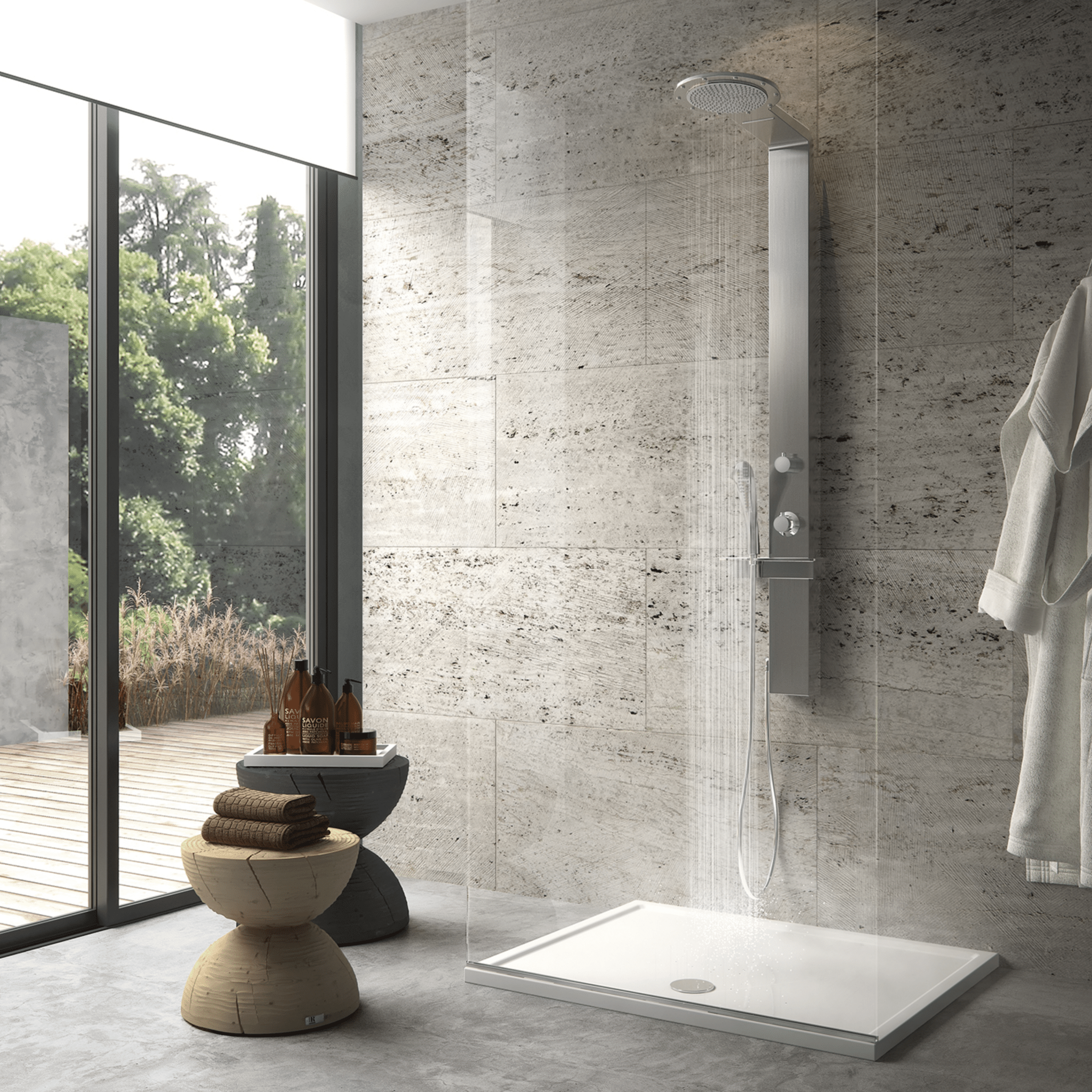 Colonna Doccia Idromassaggio Con Effetto Cascata Miscelatore Termostatico e Deviatore a 3 Vie Gedy "Wellness 02" Inox Spazzolato - Dabicasa