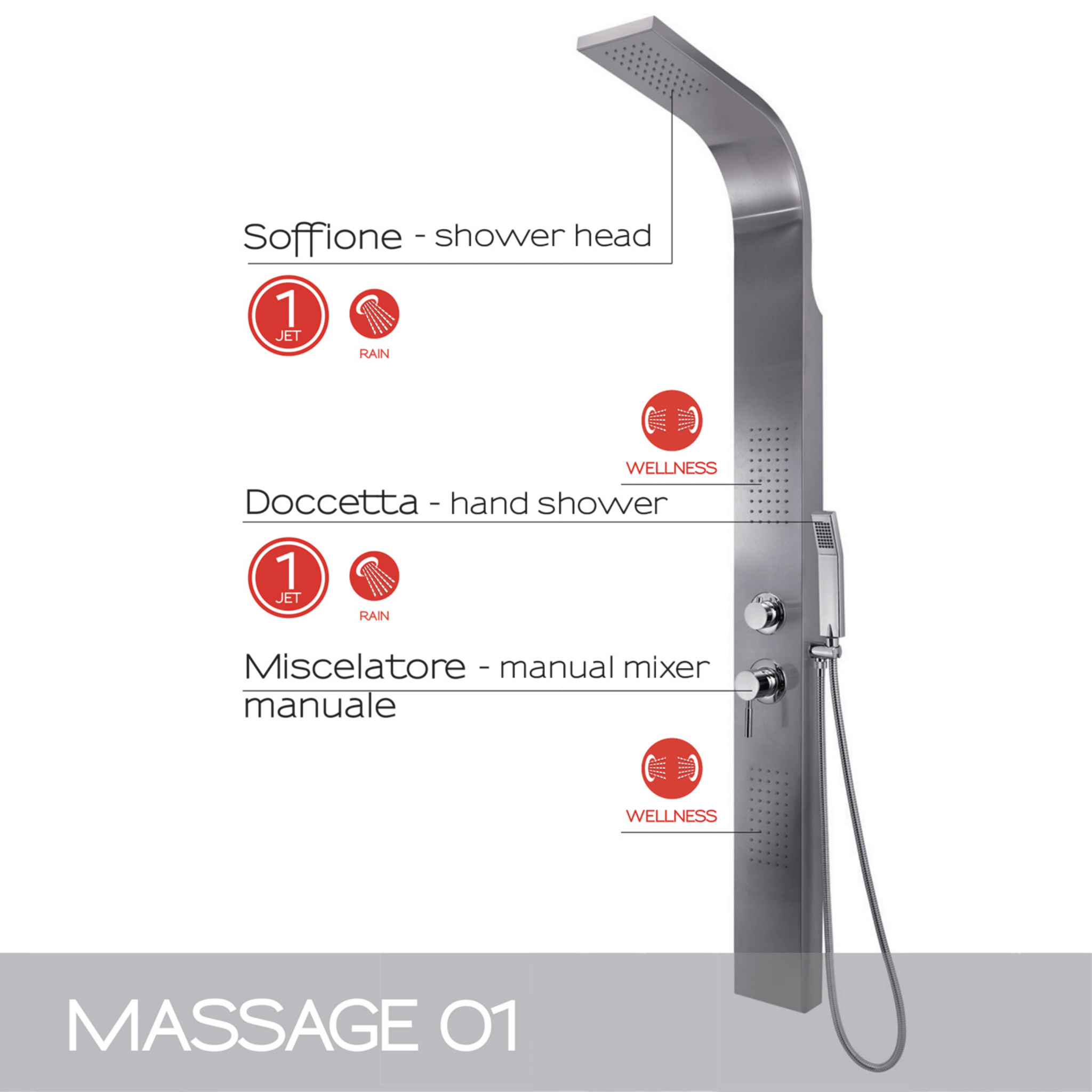 Colonna Doccia Idromassaggio Con Miscelatore Manuale e Deviatore a 3 Vie Gedy "Massage 01" Inox Spazzolato - Dabicasa
