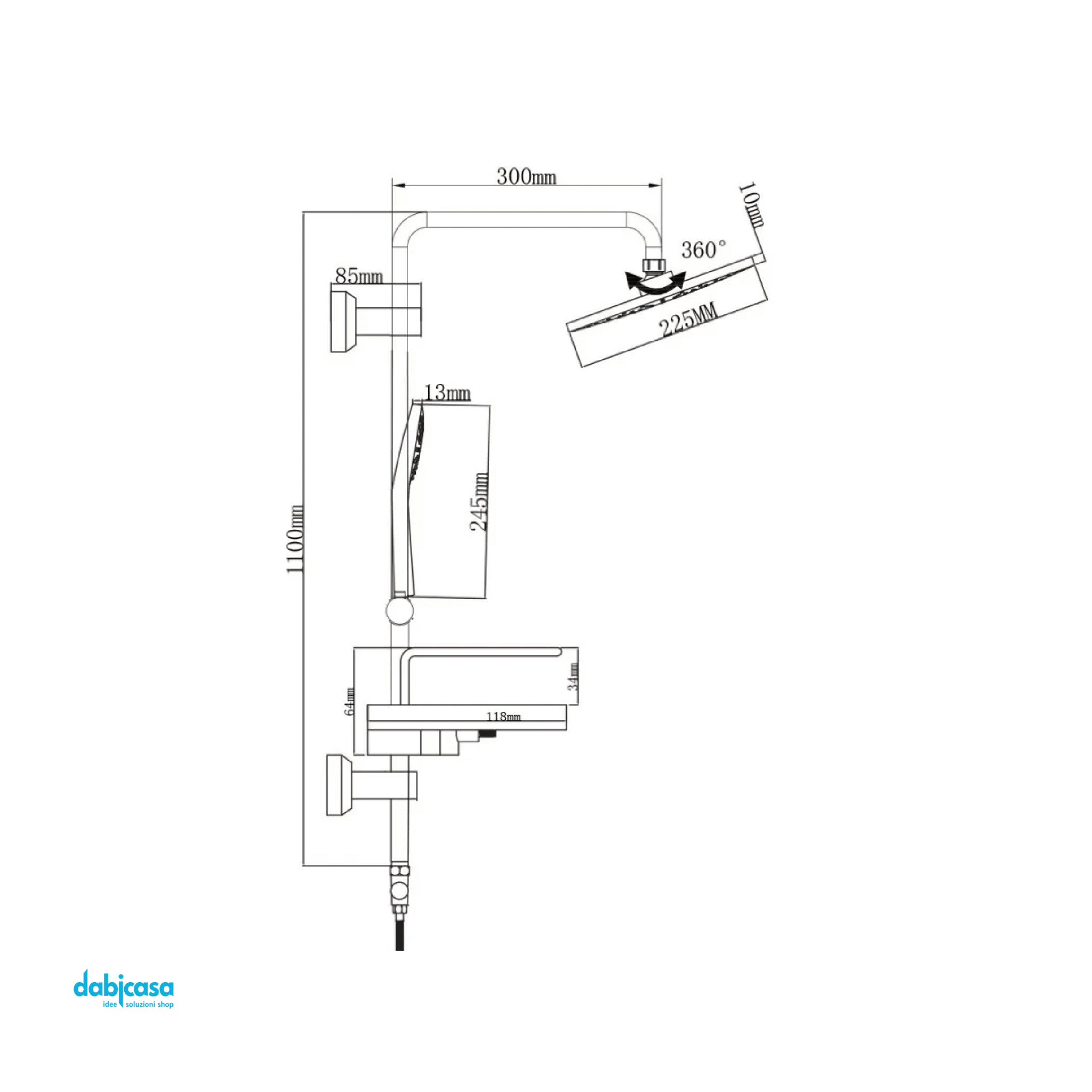 Colonna Doccia "Platinum" Con Mensola Porta Sapone In Acciaio Cromato Lucido C/Deviatore Ottone Cromato da 105 cm - Dabicasa