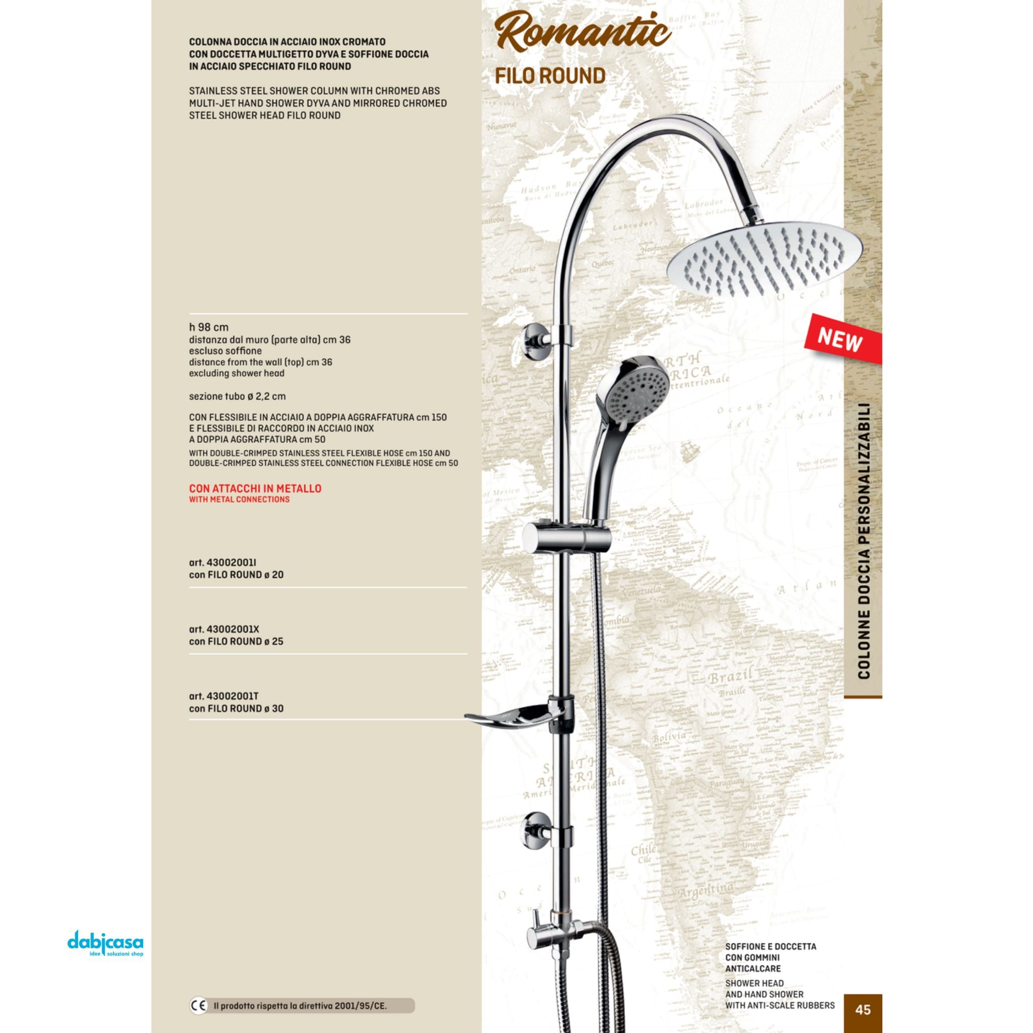 Colonna Doccia "Romantic" Filo Round In Acciaio Inox Cromo Lucido Con Soffione Tondo Diam. 25 cm - Dabicasa