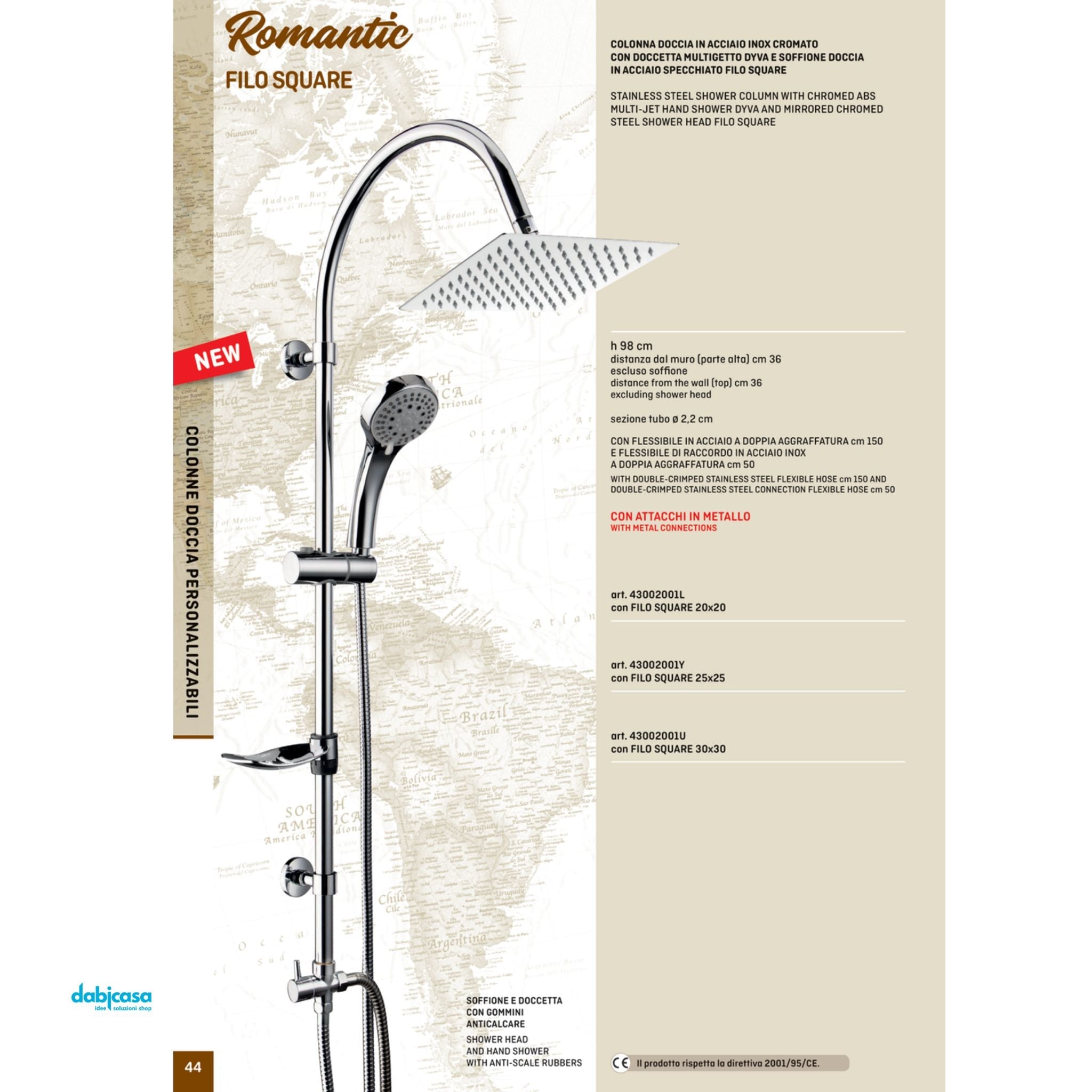 Colonna Doccia "Romantic" Filo Square In Acciaio Inox Cromo Lucido Con Soffione Quadrato 25x25 cm - Dabicasa