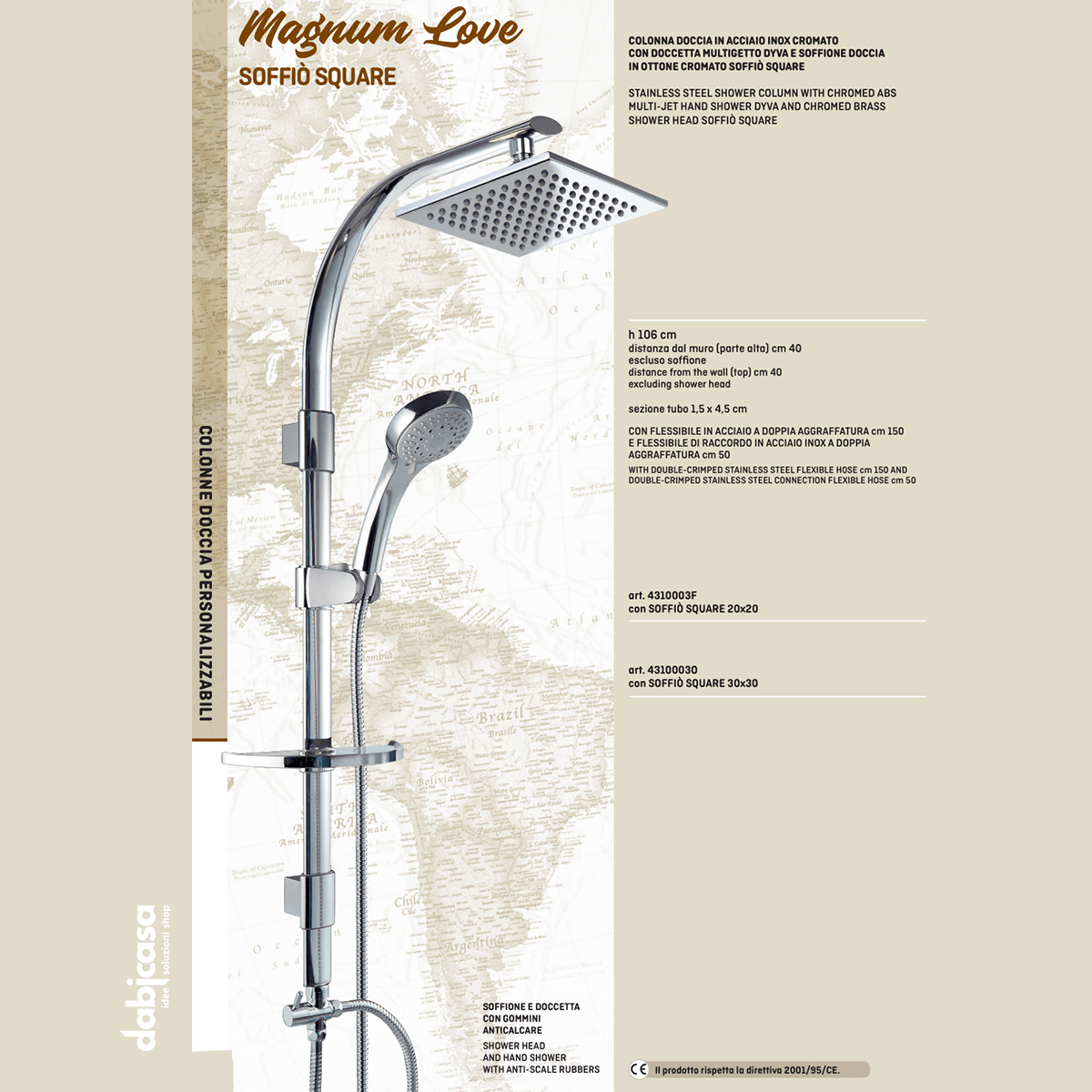 Colonna Doccia "Soffiò Square" In Acciaio Inox Con Doccetta e Soffione 20x20cm - Dabicasa