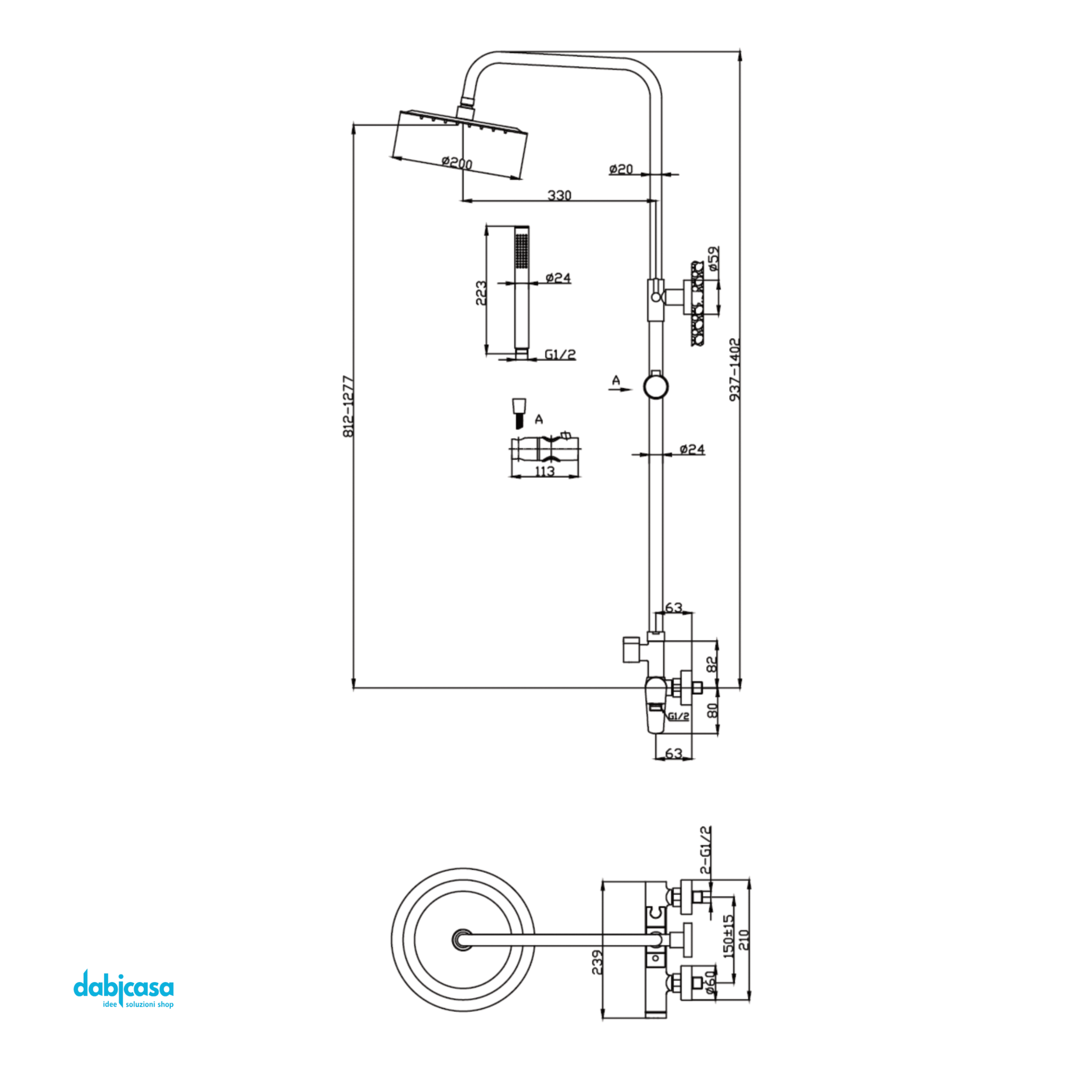 Colonna Doccia "Up" C/Miscelatore e Deviatore a Due Uscite In Ottone Finitura Cromo Lucido Altezza Regolabile Da 97,3 a 140,2 Cm - Dabicasa