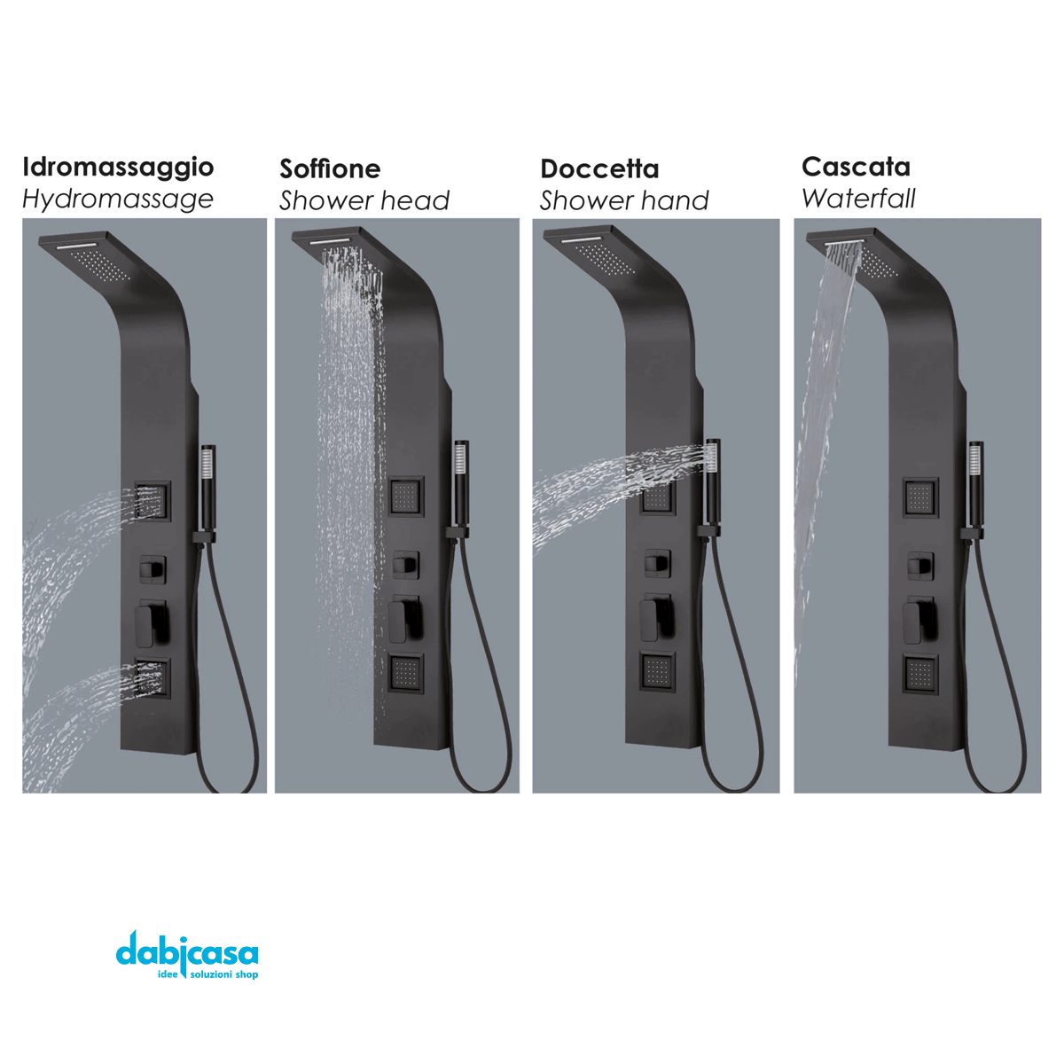 Colonna Doccia "Vulcano" in Acciaio C/Miscelatore e Quattro Funzioni Nero Opaco - Dabicasa