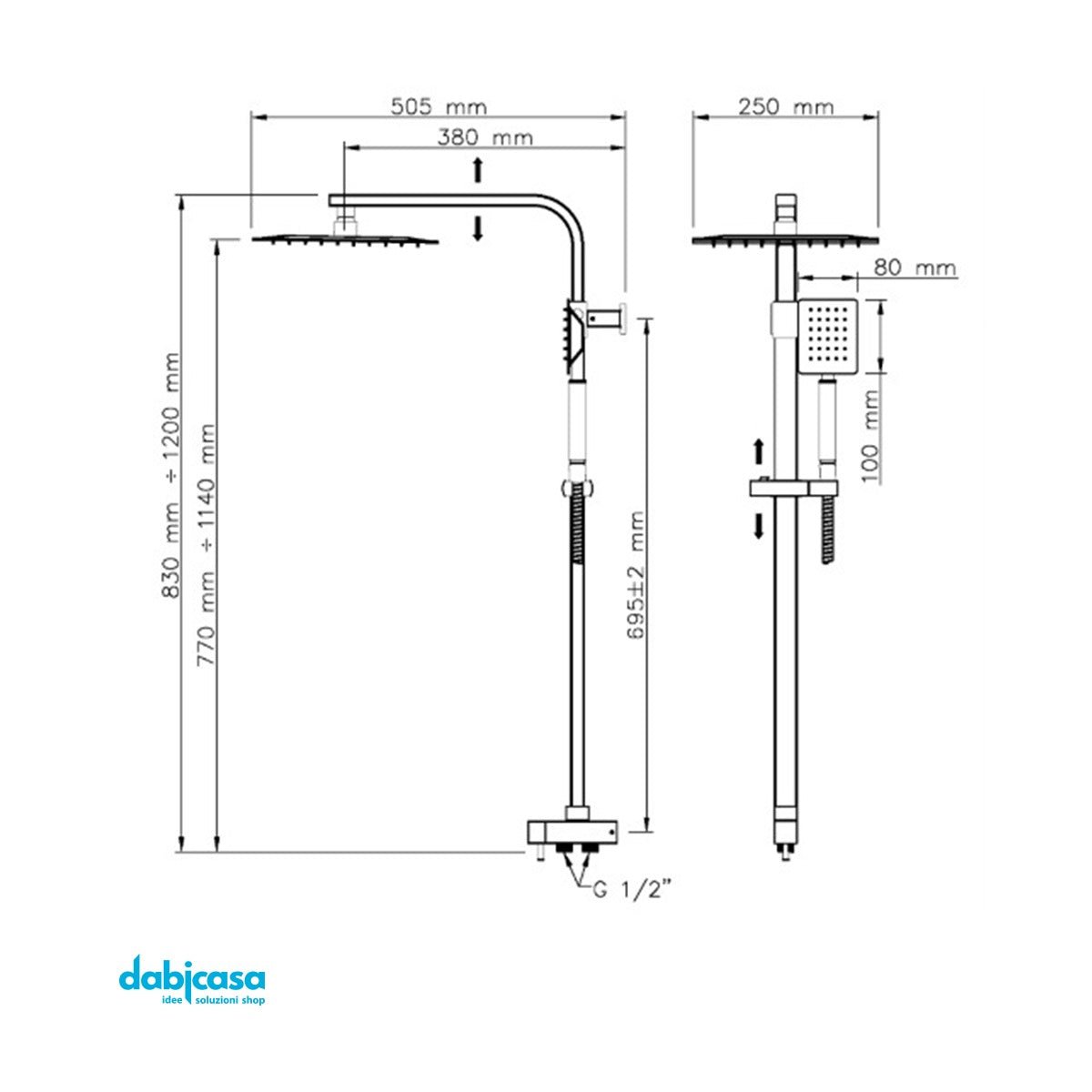 Colonna doccia "Zeus" con Soffione 25x25 e kit doccetta cromo lucido - Dabicasa