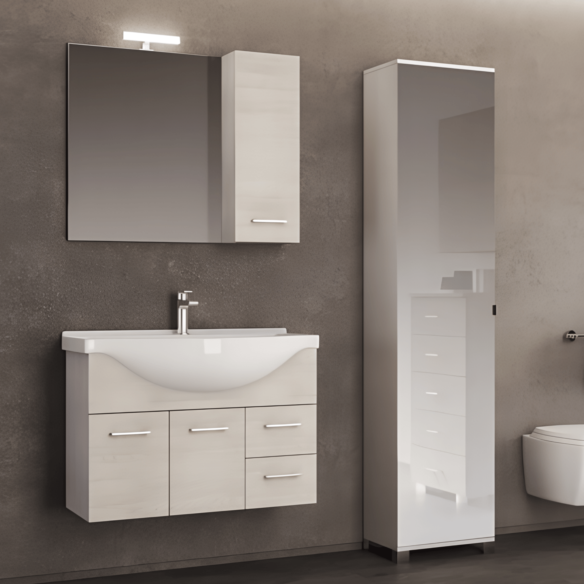 Composizione Bagno Sospesa Classica 85 Cm Due Cassetti e Due Ante e Specchio Con Illuminazione Led e Pensile Savini "Gaia 2" - Dabicasa