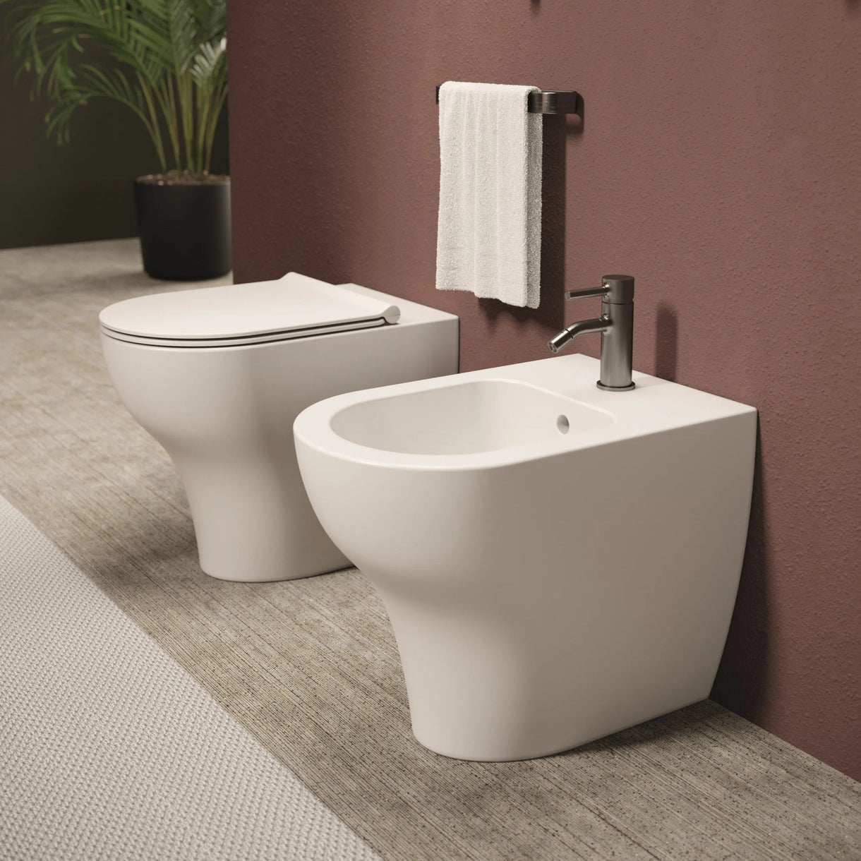 Image of Coppia Di Sanitari Alice Ceramica Da Terra Filo Muro Senza Brida Bianco Lucido "Unica"
