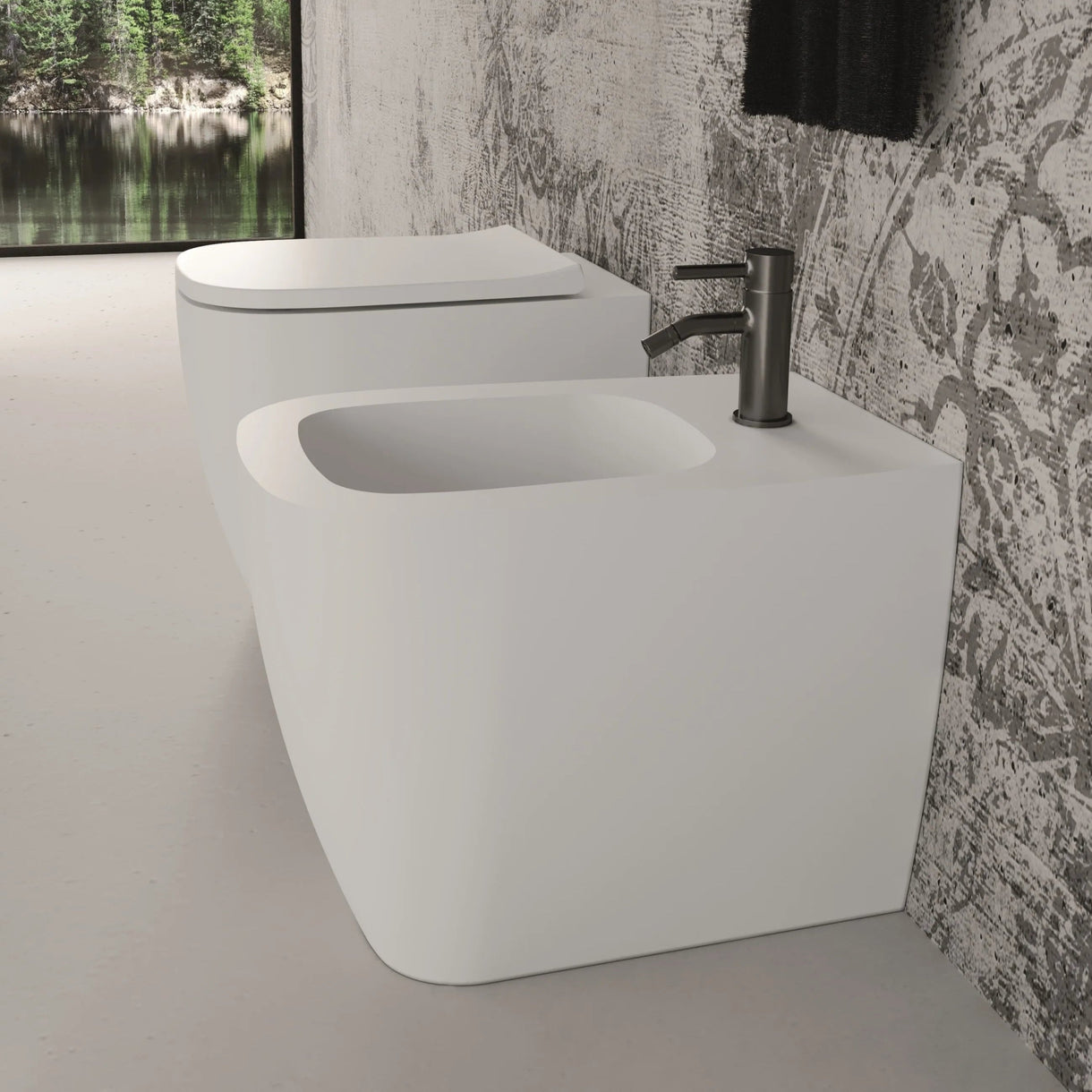 Image of Coppia Di Sanitari Alice Ceramica Da Terra Filo Muro Senza Brida Bianco Lucido "Wunder"