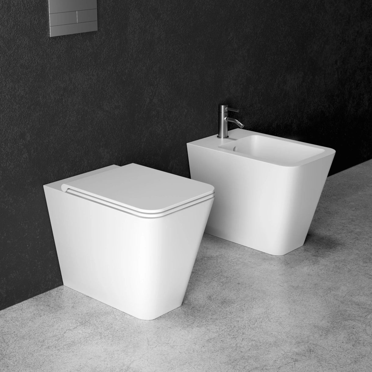 Image of Coppia Di Sanitari Alice Ceramica Da Terra Filo Muro Senza Brida Bianco Opaco "Hide Square"
