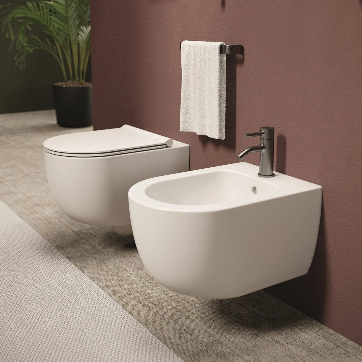 Image of Coppia Di Sanitari Alice Ceramica Sospesi Senza Brida Bianco Opaco "Unica 55"
