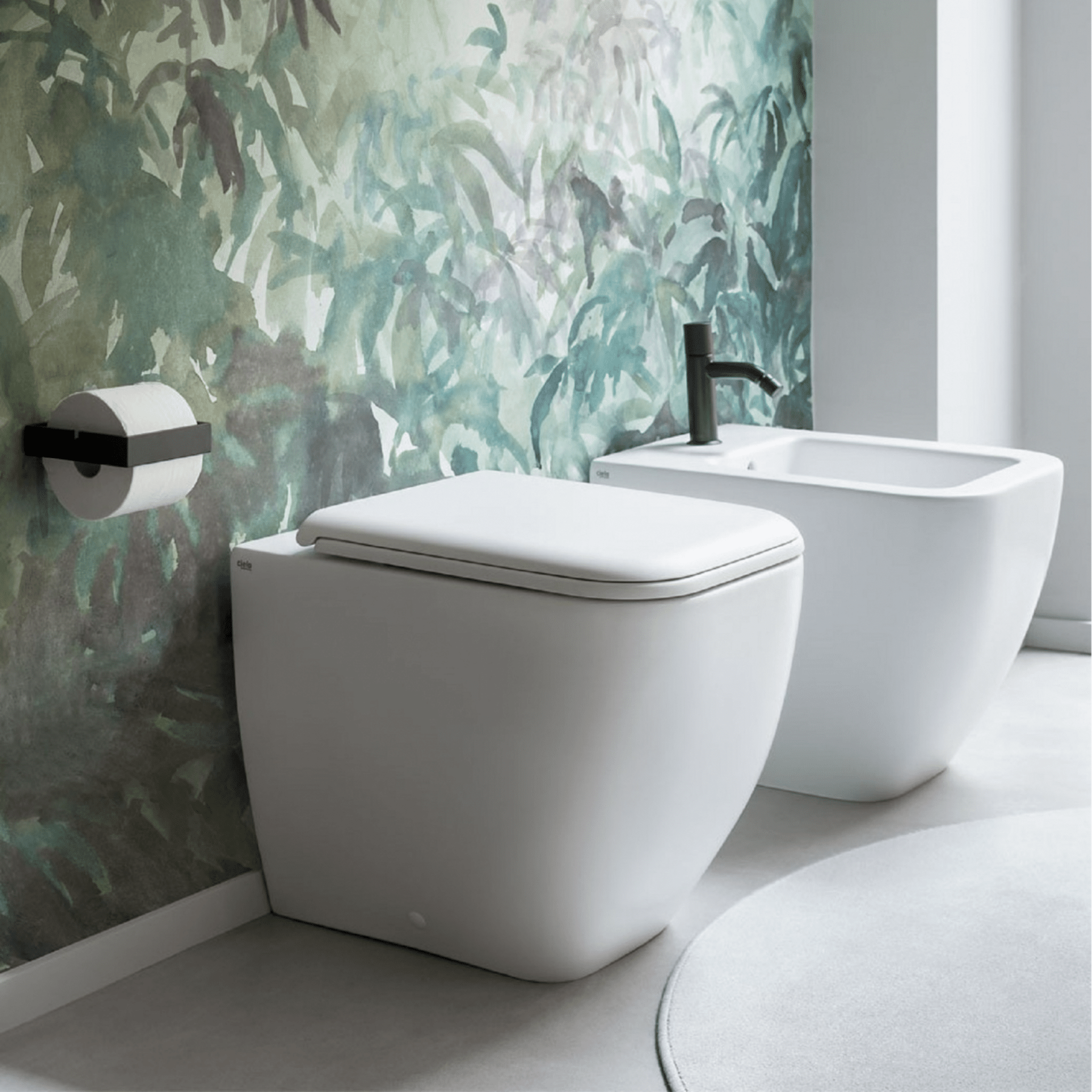 Coppia Di Sanitari Ceramica Cielo Da Terra Filo Muro Senza Brida Bianco Lucido "Shui Comfort" - Dabicasa