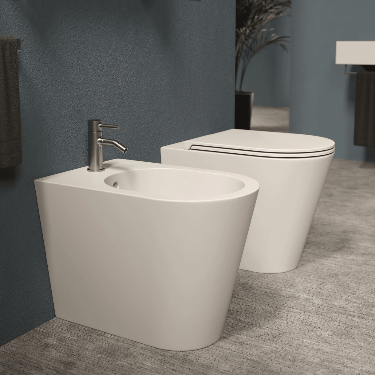 Image of Coppia Di Sanitari Da Terra Alice Ceramica Filo Muro Senza Brida Bianco Lucido "Hide Round"
