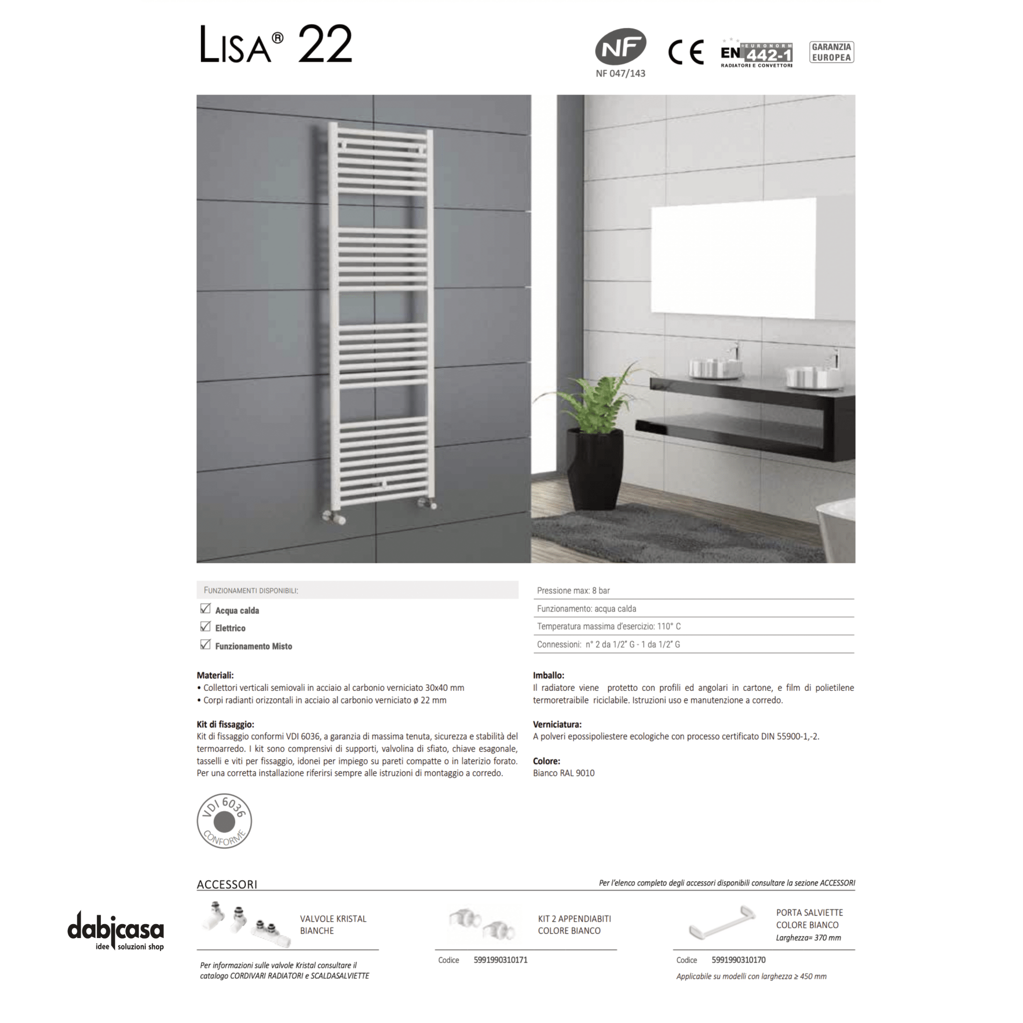 Cordivari "Lisa 22" Termoarredo Scaldasalviette Bianco Lucido Dritto 700X500 Interasse 450 - Dabicasa