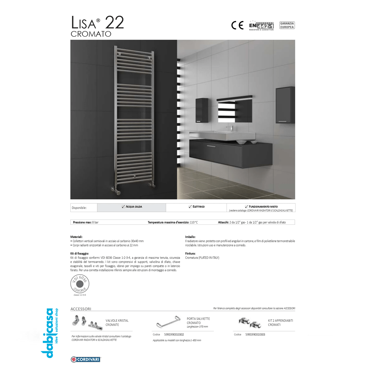 Cordivari "Lisa 22" Termoarredo Scaldasalviette Cromo Lucido Dritto 1160X500 Interasse 450 - Dabicasa